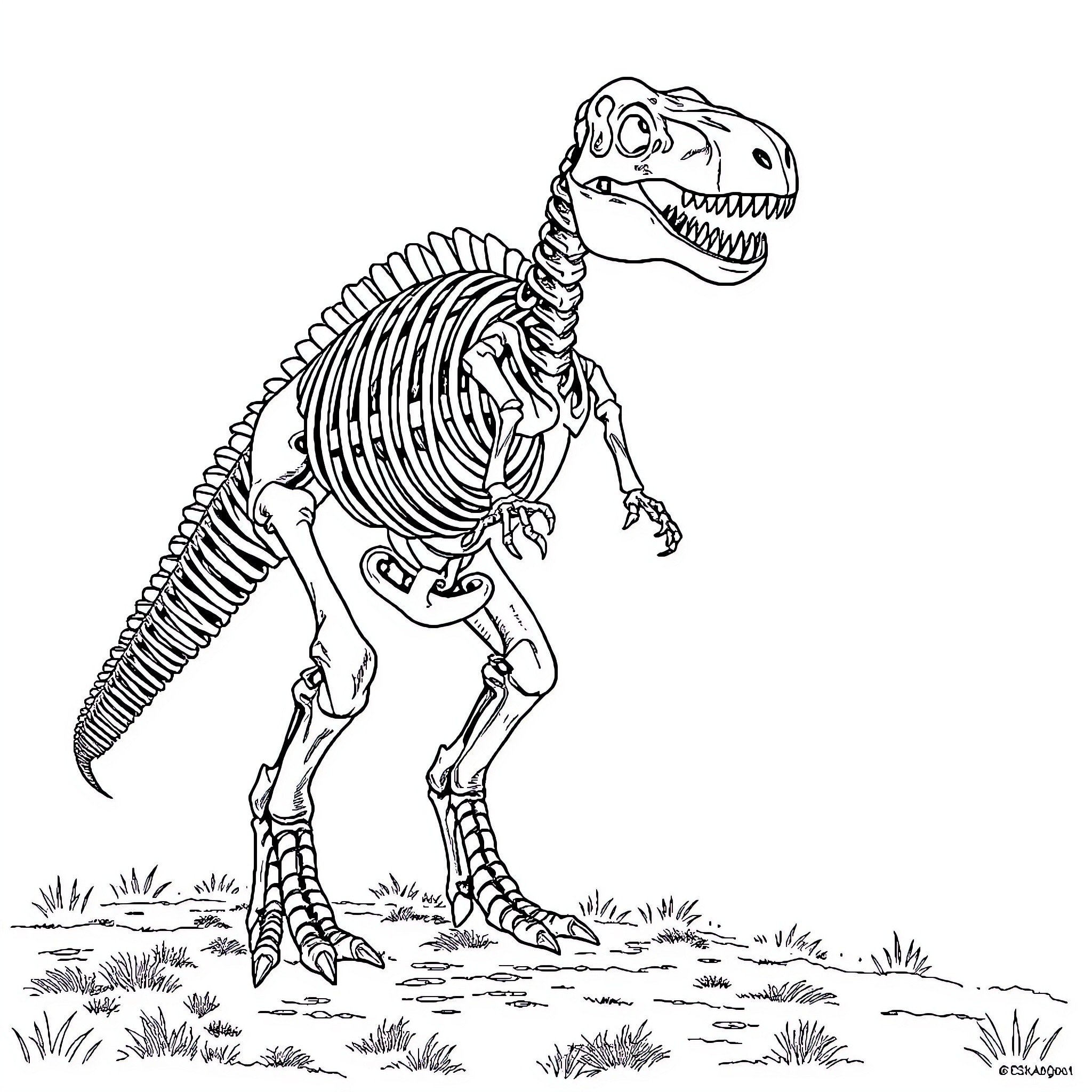 Dinosaur skeleton in an outdoor scene Coloring Page (free black-and-white line drawing printable PDF for all, from beginners to advanced learners, including children, teens, adults, and seniors)