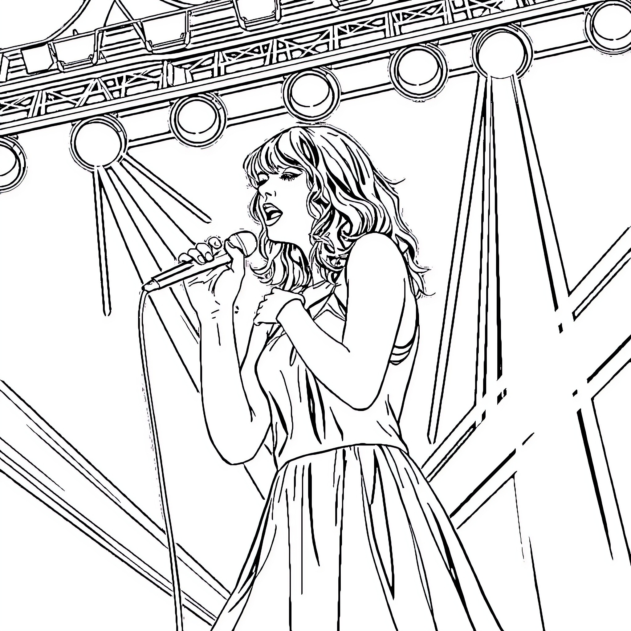 Taylor Swift performing on stage with microphone Coloring Page (free black-and-white line drawing printable PDF for all, from beginners to advanced learners, including children, teens, adults, and seniors)