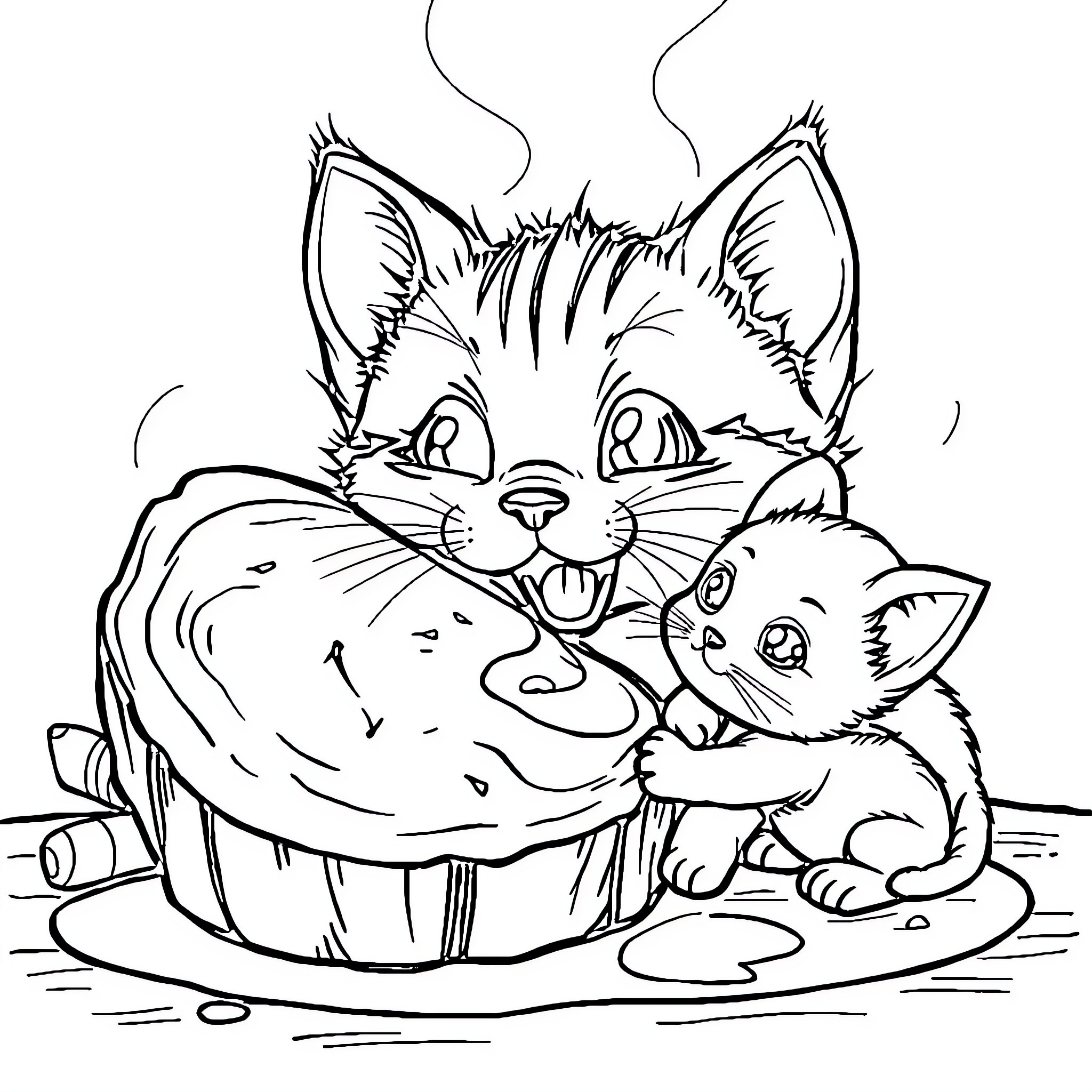 Kitten snuggling with parent cat beside a cake Coloring Page (free black-and-white line drawing printable PDF for all, from beginners to advanced learners, including children, teens, adults, and seniors)