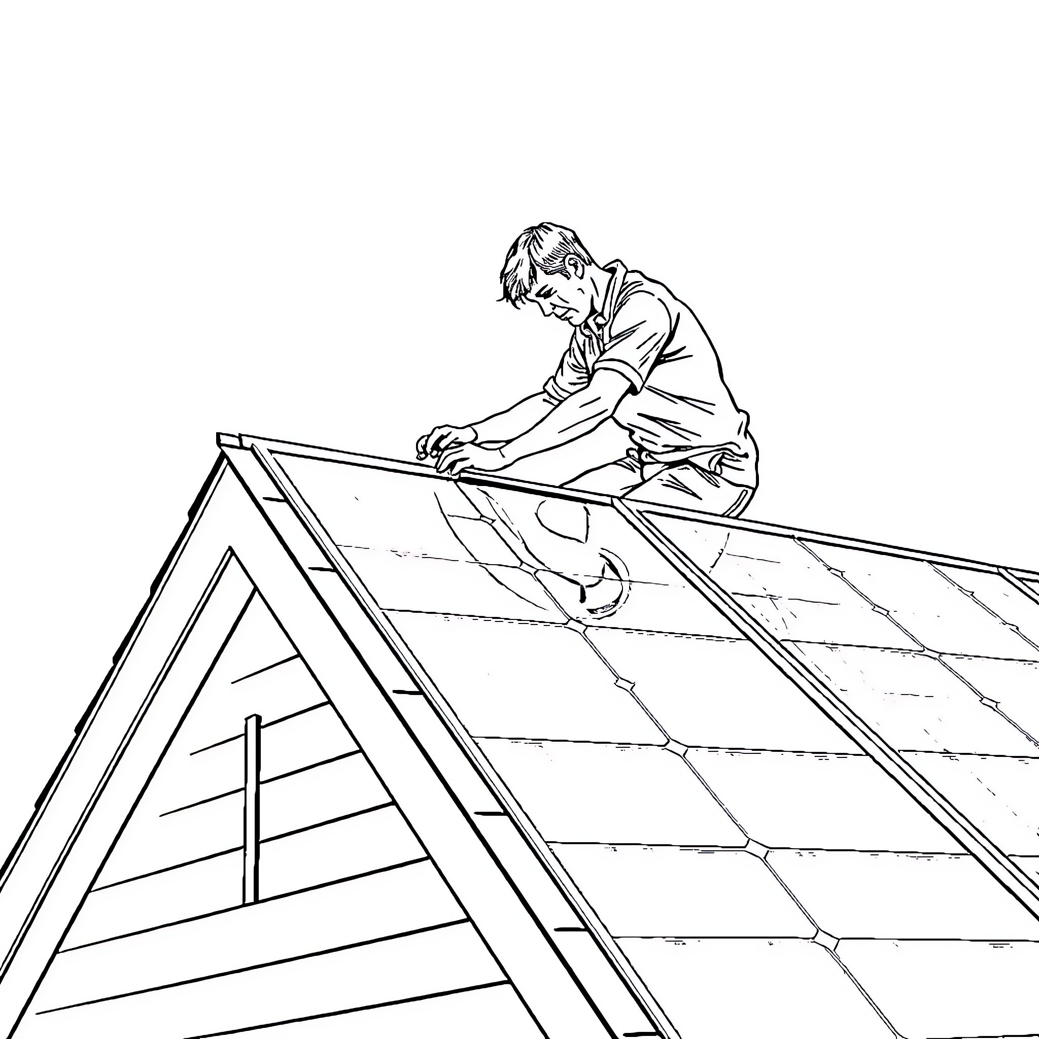 Man working diligently on roof construction Coloring Page (free black-and-white line drawing printable PDF for all, from beginners to advanced learners, including children, teens, adults, and seniors)