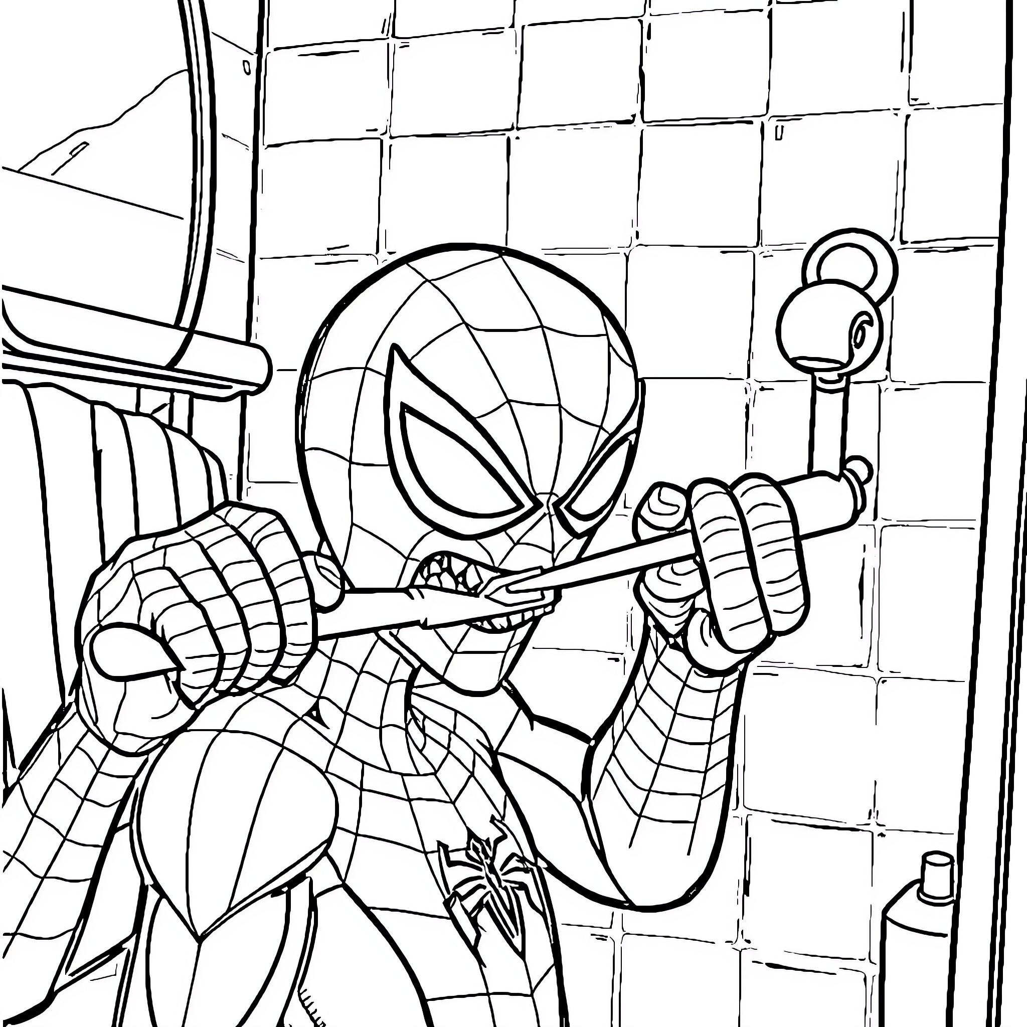 Spiderman swinging through the city on his web Coloring Page (free black-and-white line drawing printable PDF for all, from beginners to advanced learners, including children, teens, adults, and seniors)
