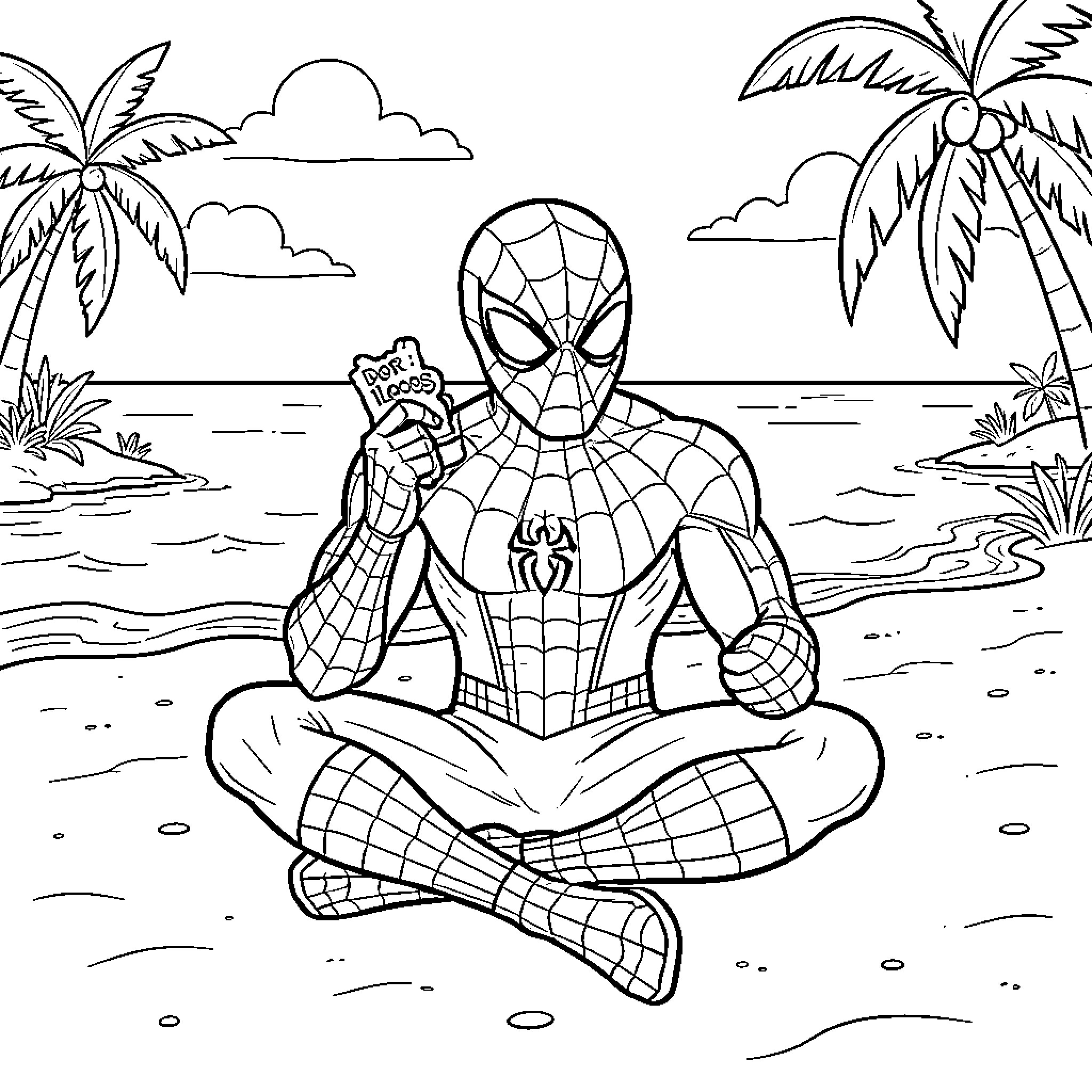 Spider-Man relaxing on a tropical beach Coloring Page (free black-and-white line drawing printable PDF for all, from beginners to advanced learners, including children, teens, adults, and seniors)