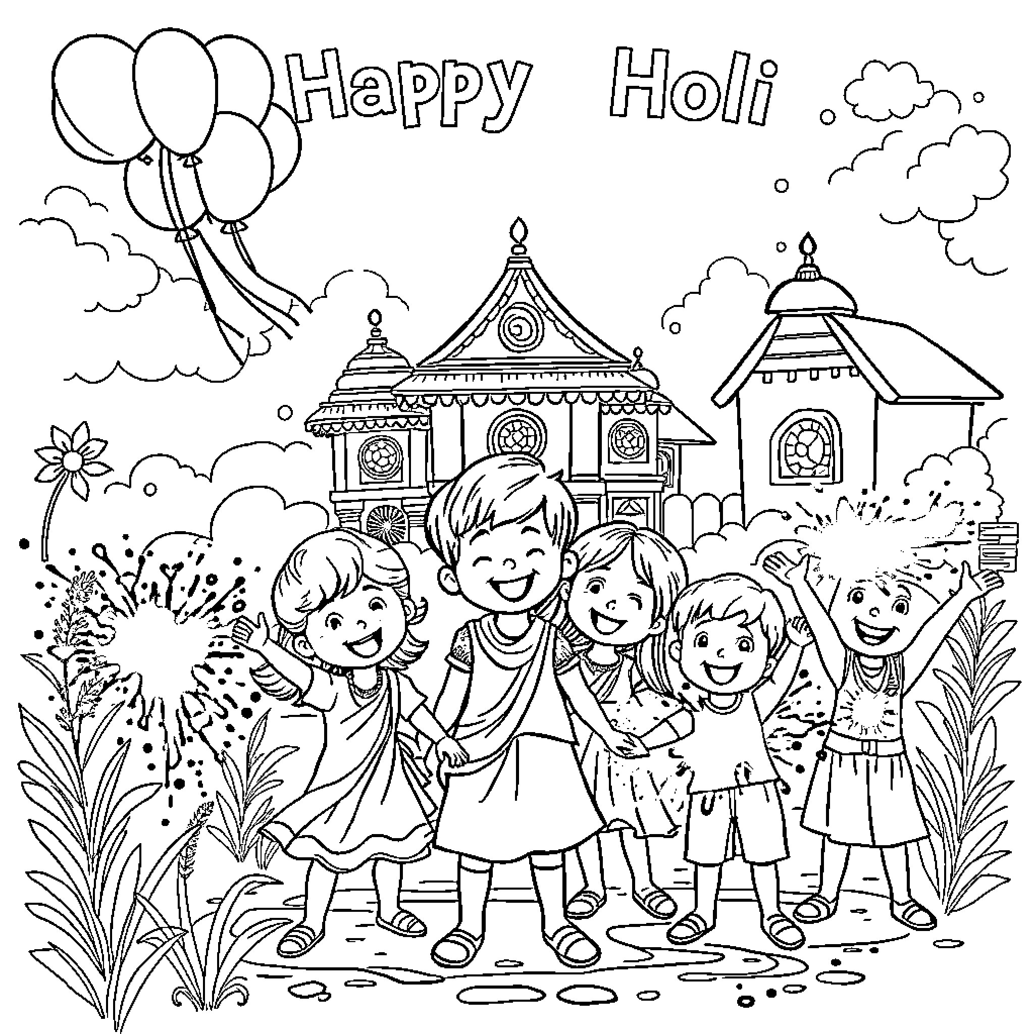 Holi Celebration with Happy Children and Decorative Structures Coloring Page (free black-and-white line drawing printable PDF for all, from beginners to advanced learners, including children, teens, adults, and seniors)