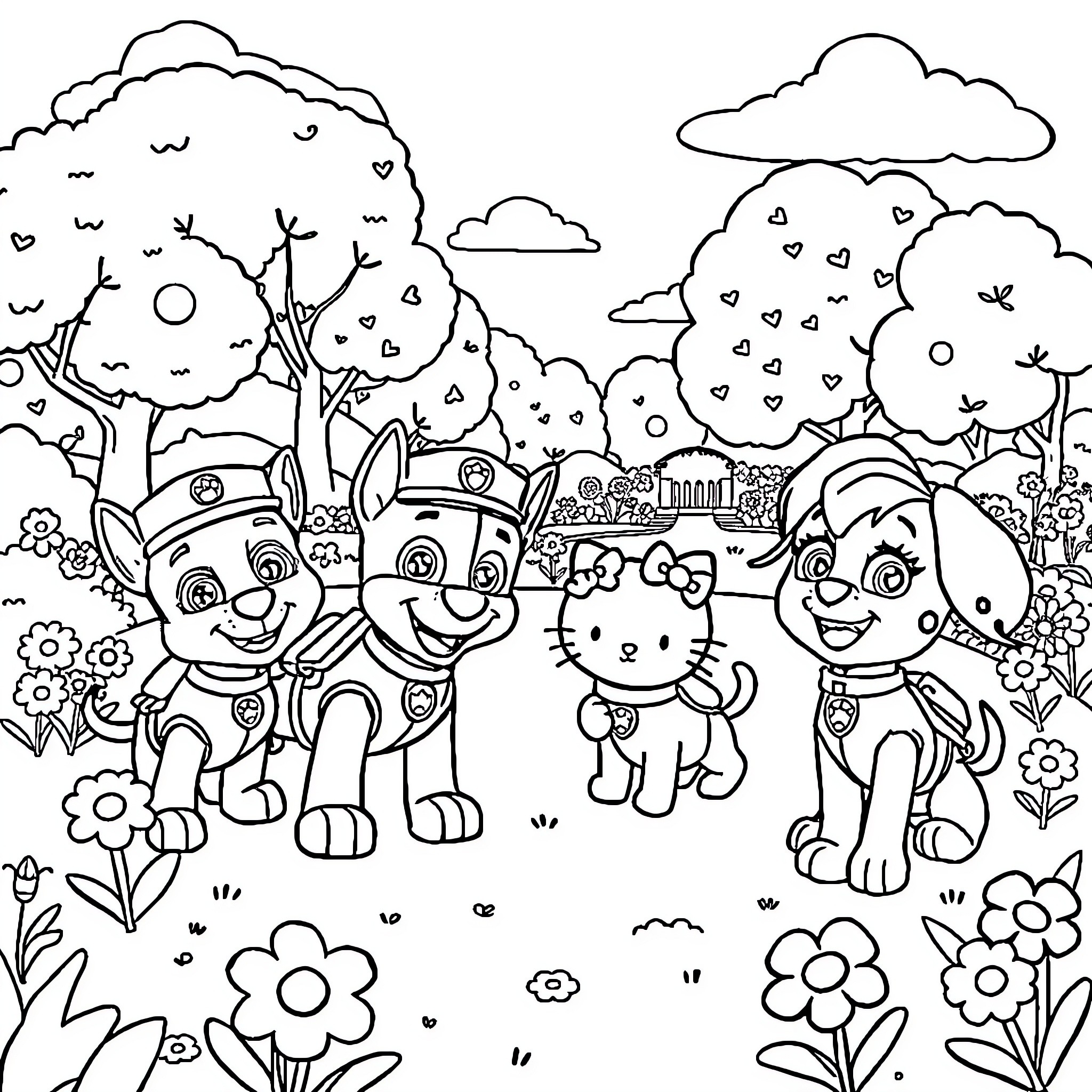 Paw Patrol pups explore the flower-filled park Coloring Page (free black-and-white line drawing printable PDF for all, from beginners to advanced learners, including children, teens, adults, and seniors)