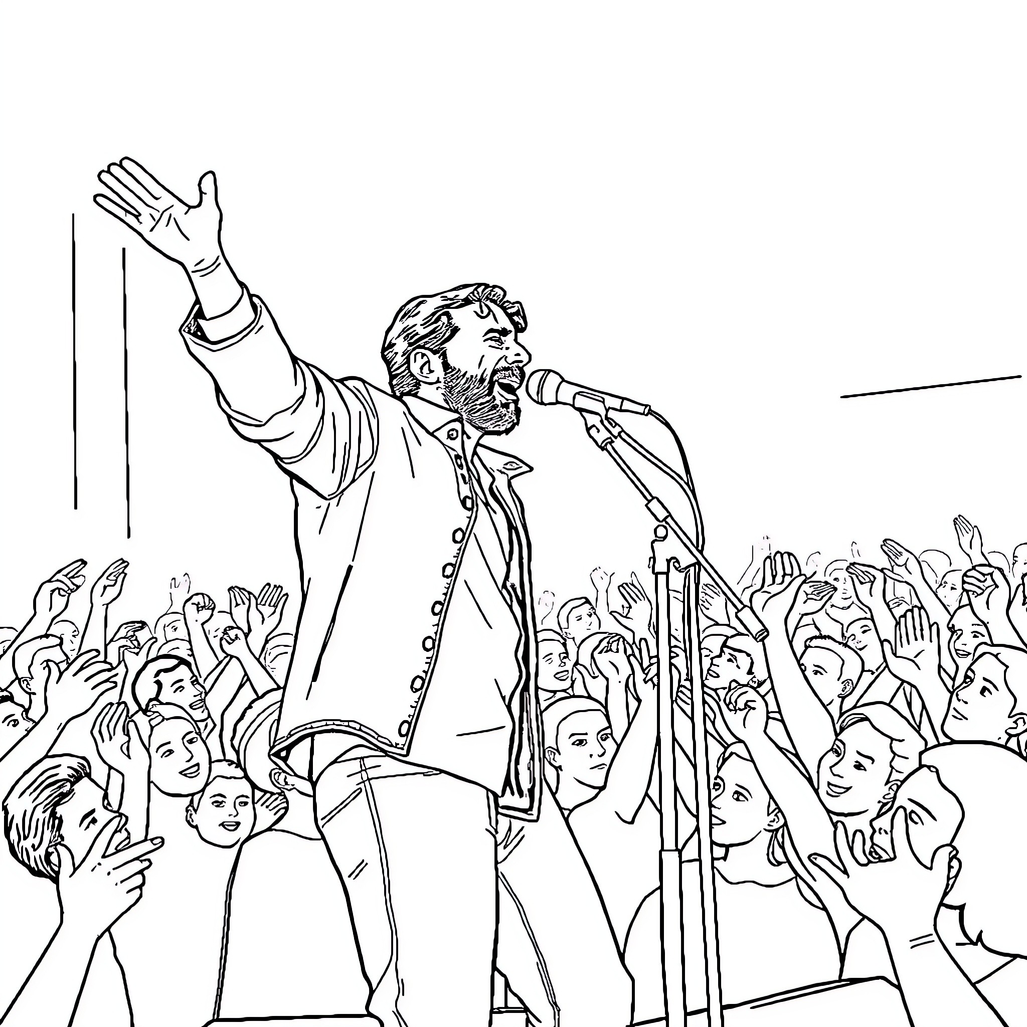 José Madero performing passionately on stage before an enthusiastic crowd Coloring Page (free black-and-white line drawing printable PDF for all, from beginners to advanced learners, including children, teens, adults, and seniors)