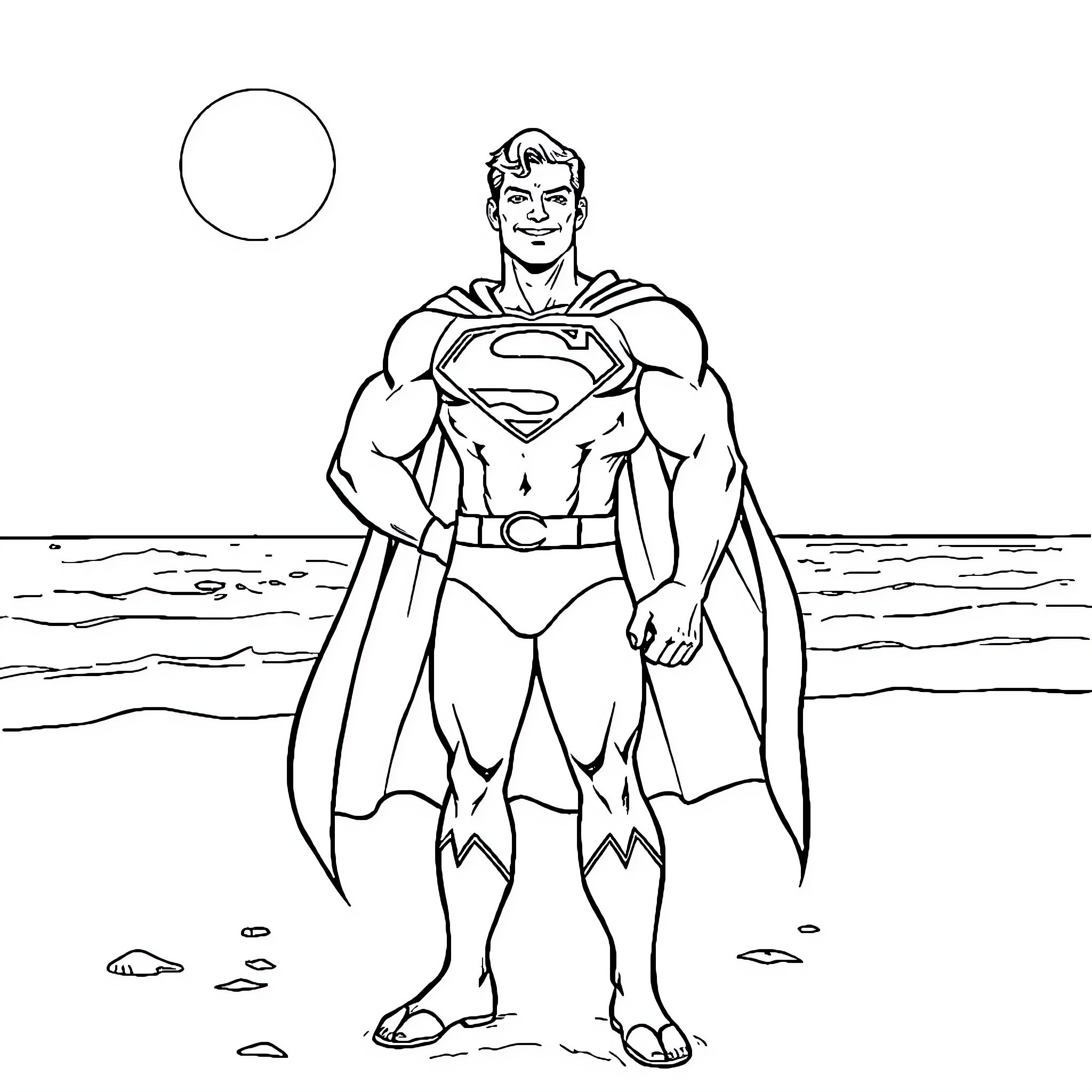 Superman standing heroically on the beach Coloring Page (free black-and-white line drawing printable PDF for all, from beginners to advanced learners, including children, teens, adults, and seniors)