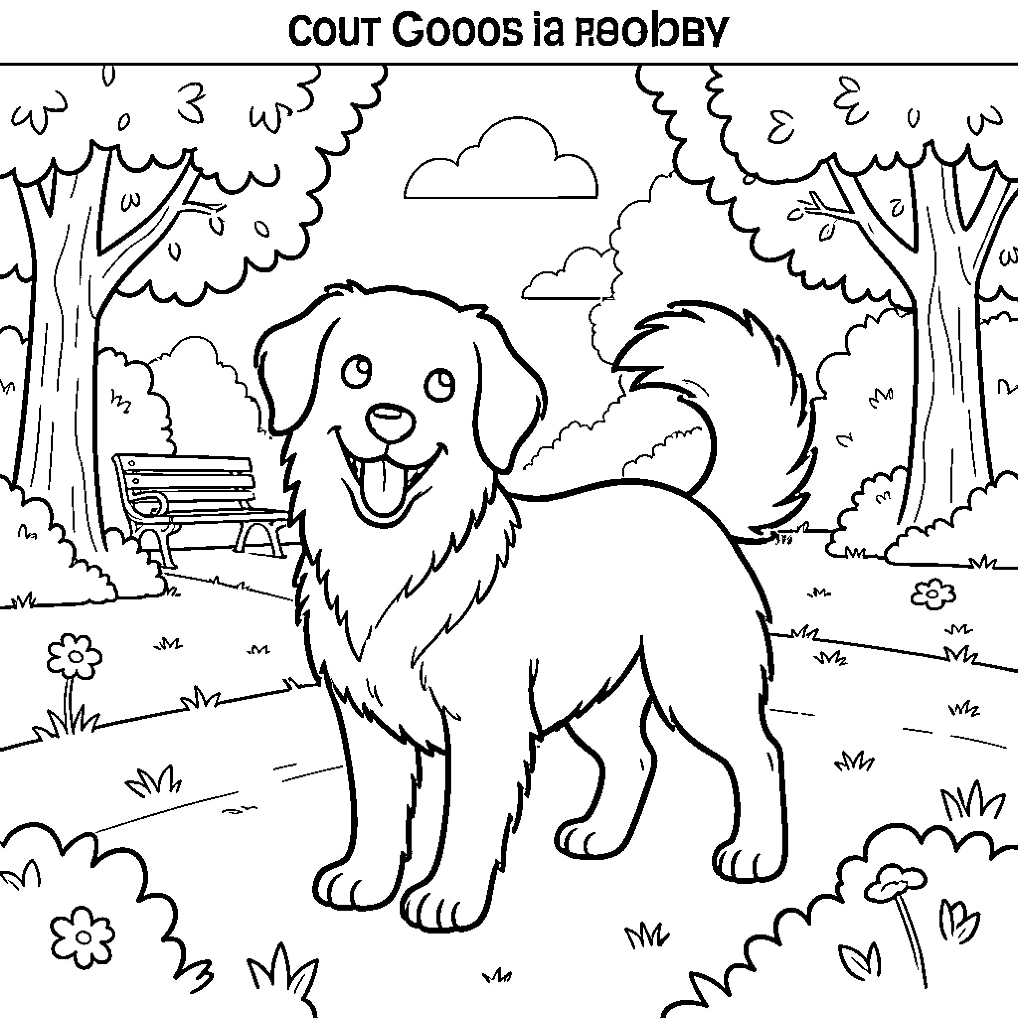 Dog happily playing in the park Coloring Page (free black-and-white line drawing printable PDF for all, from beginners to advanced learners, including children, teens, adults, and seniors)