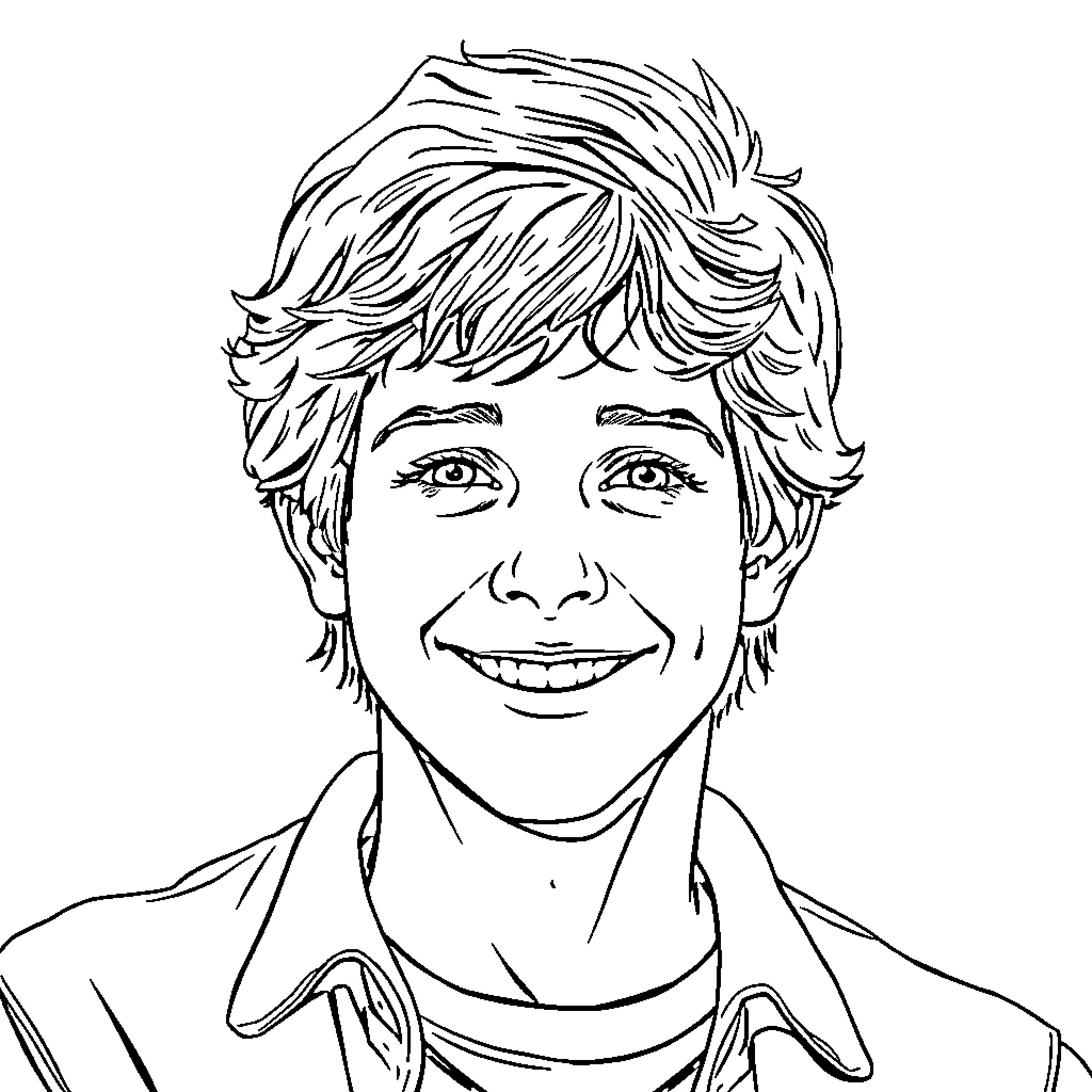 Dustin's friendly smile and casual attire Coloring Page (free black-and-white line drawing printable PDF for all, from beginners to advanced learners, including children, teens, adults, and seniors)