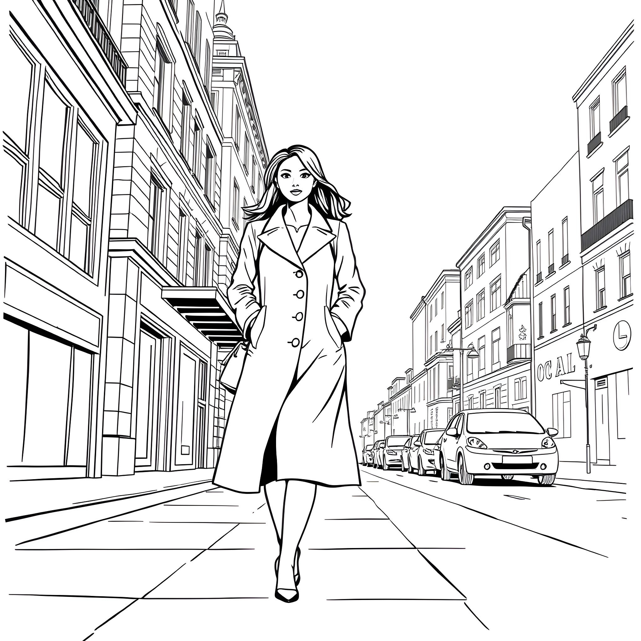 Woman walking confidently on city street Coloring Page (free black-and-white line drawing printable PDF for all, from beginners to advanced learners, including children, teens, adults, and seniors)