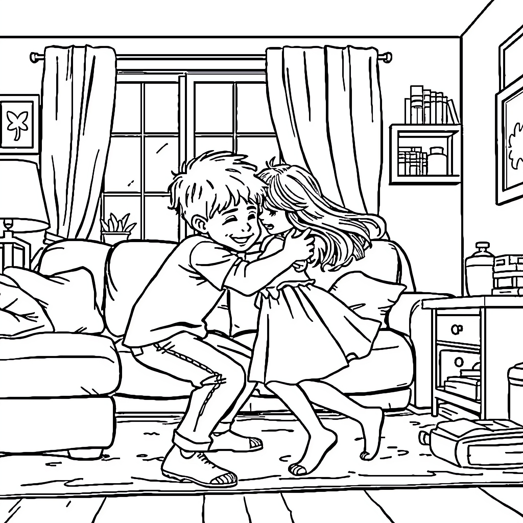 Brother and sister playing joyfully in the living room Coloring Page (free black-and-white line drawing printable PDF for all, from beginners to advanced learners, including children, teens, adults, and seniors)
