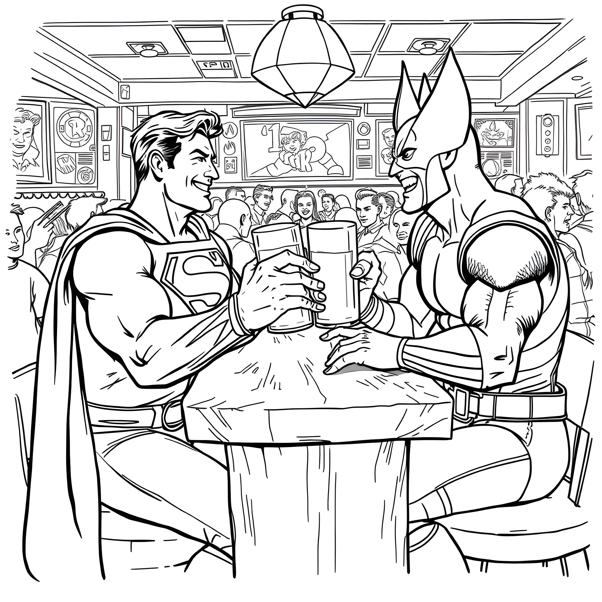Superman Enjoying Beer with Superhero Friend in Diner Coloring Page (free black-and-white line drawing printable PDF for all, from beginners to advanced learners, including children, teens, adults, and seniors)