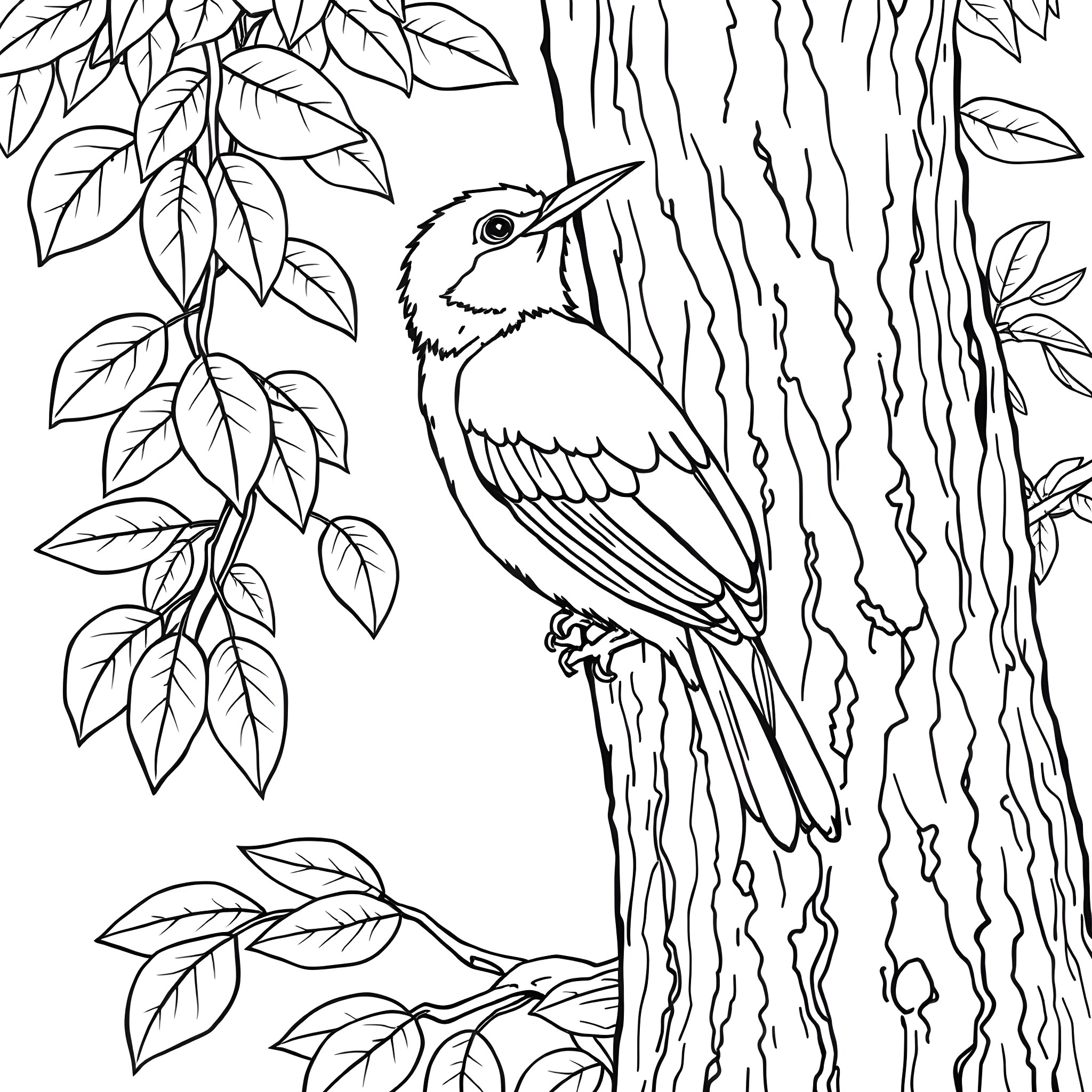 Amandava bird perched on tree branch Coloring Page (free black-and-white line drawing printable PDF for all, from beginners to advanced learners, including children, teens, adults, and seniors)