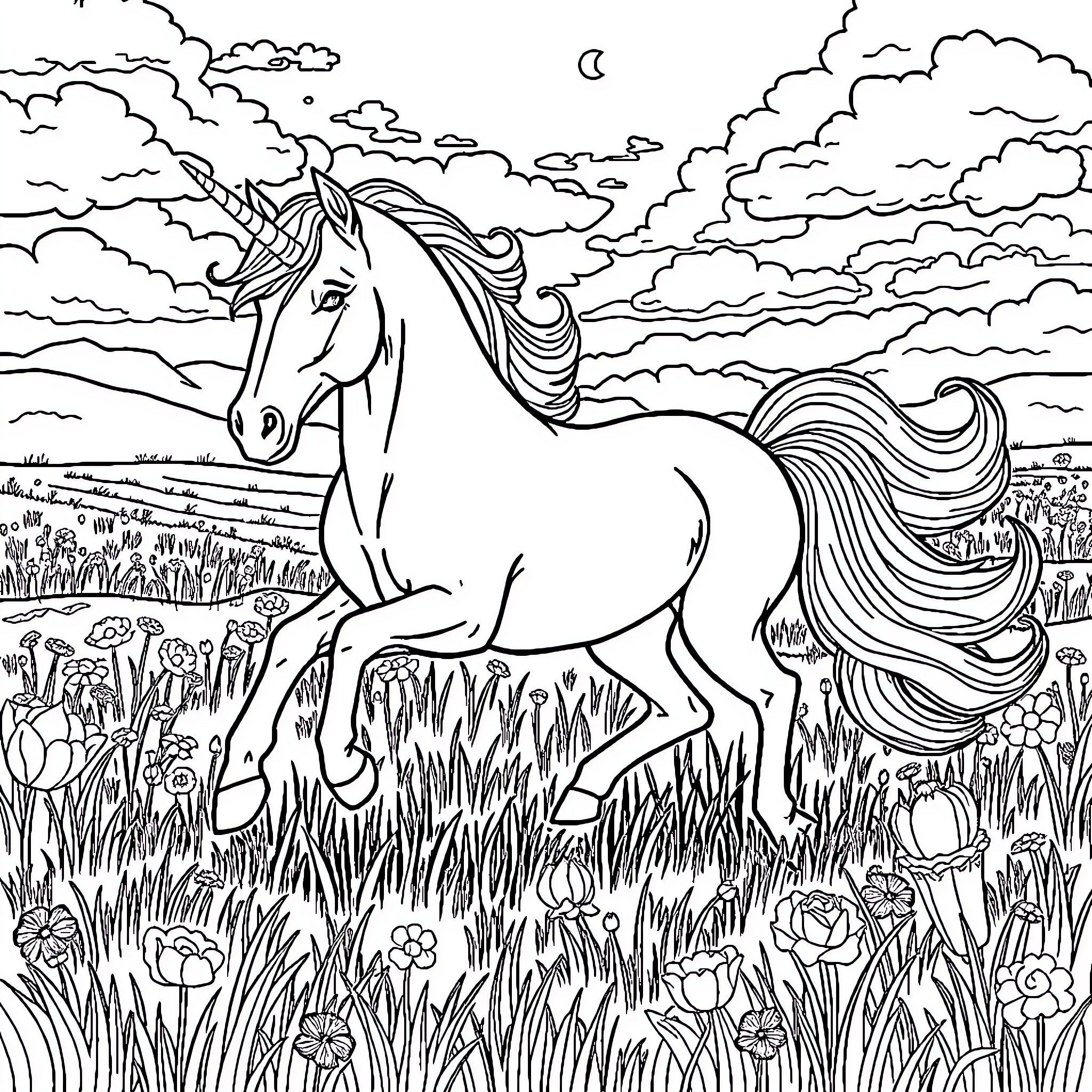 Unicorn prancing through a magical meadow at night Coloring Page (free black-and-white line drawing printable PDF for all, from beginners to advanced learners, including children, teens, adults, and seniors)