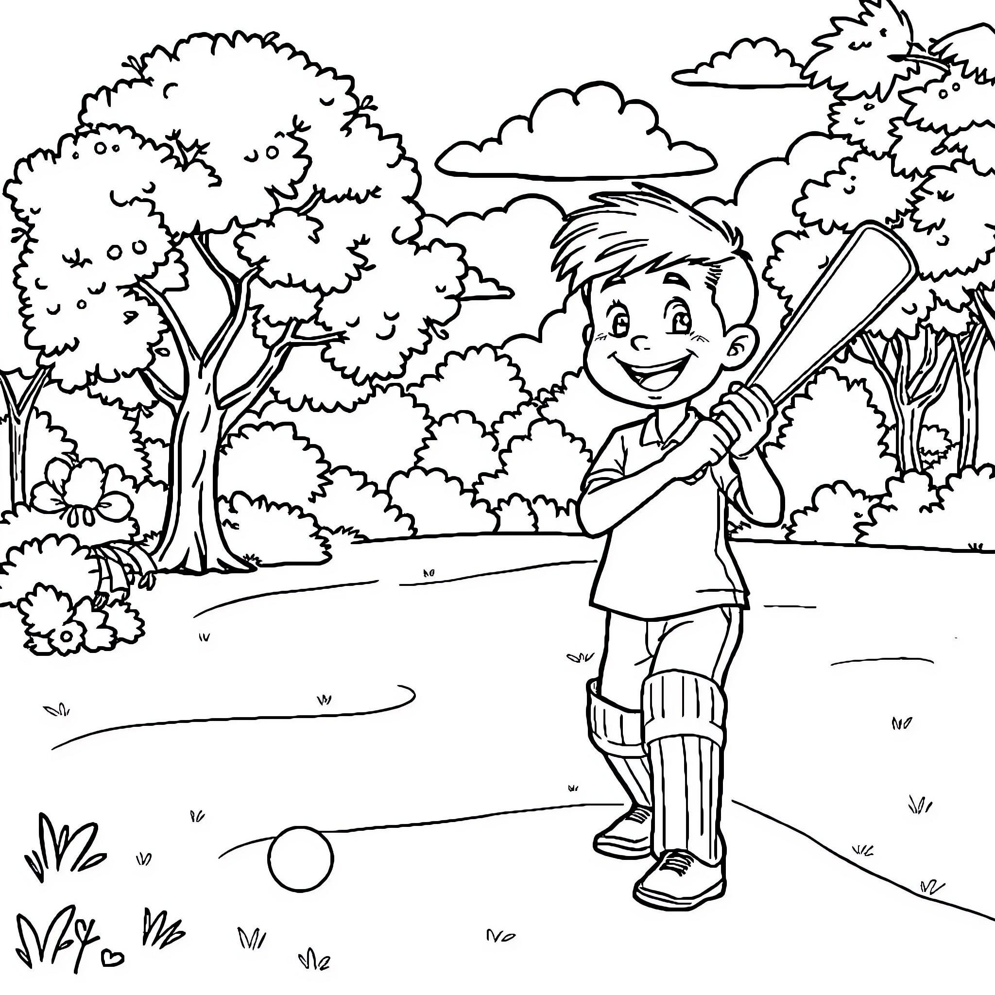 Boy playing cricket in the park Coloring Page (free black-and-white line drawing printable PDF for all, from beginners to advanced learners, including children, teens, adults, and seniors)