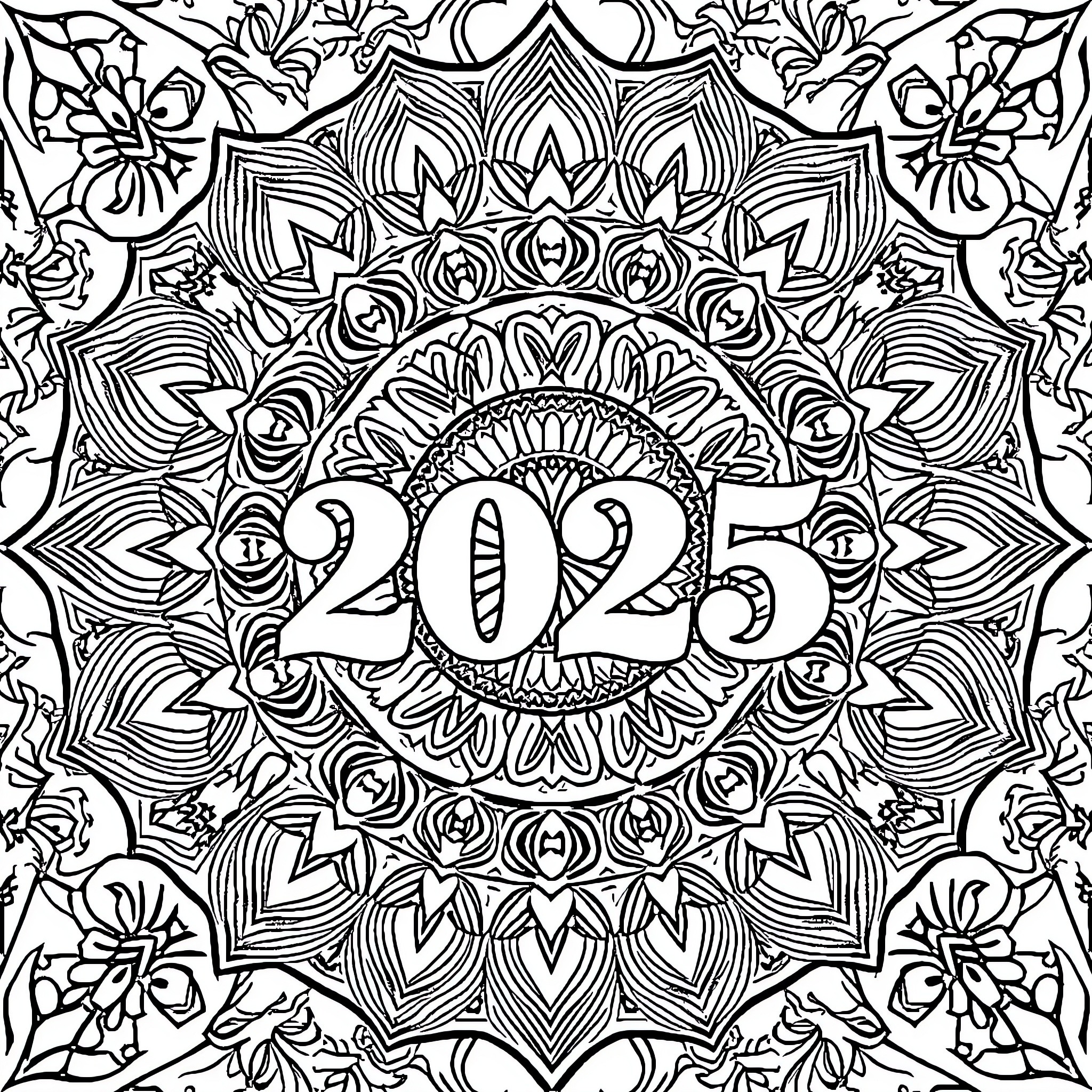 Mandala design with floral elements and the year 2025 Coloring Page (free black-and-white line drawing printable PDF for all, from beginners to advanced learners, including children, teens, adults, and seniors)