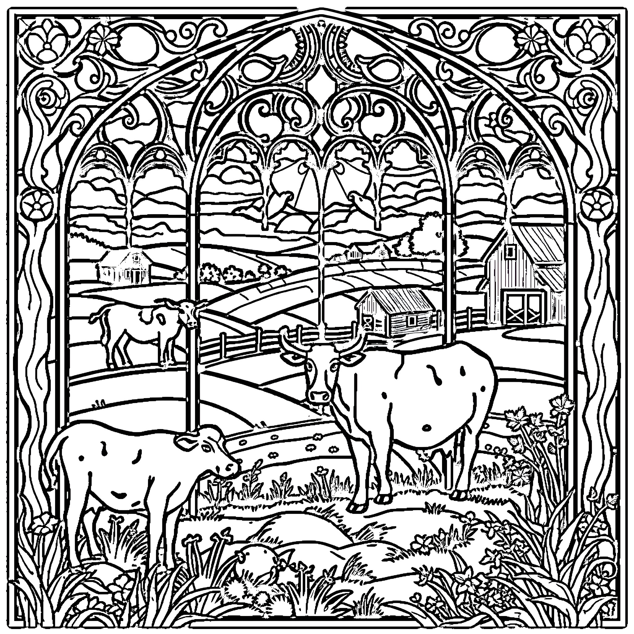 Farm Scene with Ornate Architectural Frame Coloring Page (free black-and-white line drawing printable PDF for all, from beginners to advanced learners, including children, teens, adults, and seniors)