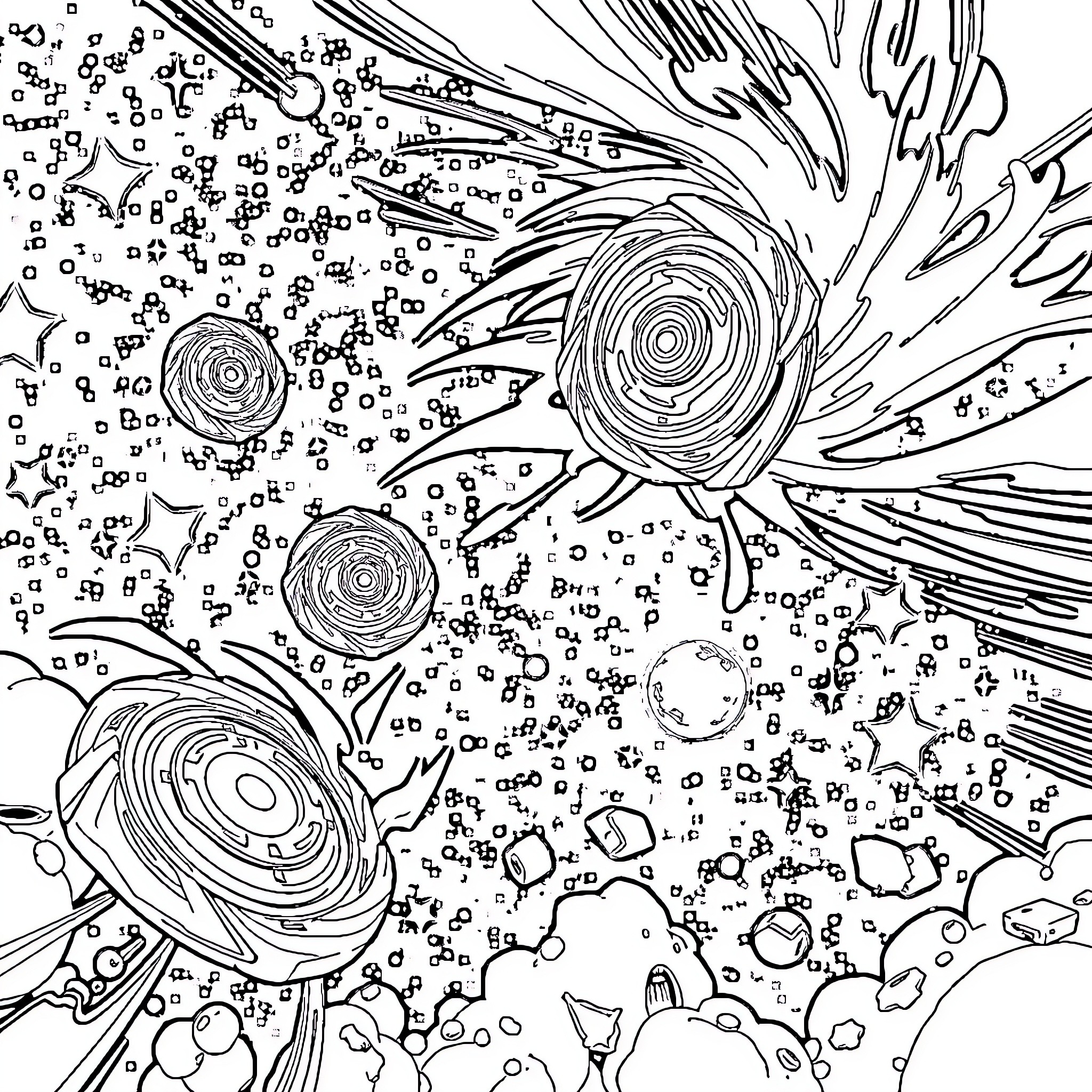 Beyblade Cosmic Chaos Coloring Page (free black-and-white line drawing printable PDF for all, from beginners to advanced learners, including children, teens, adults, and seniors)
