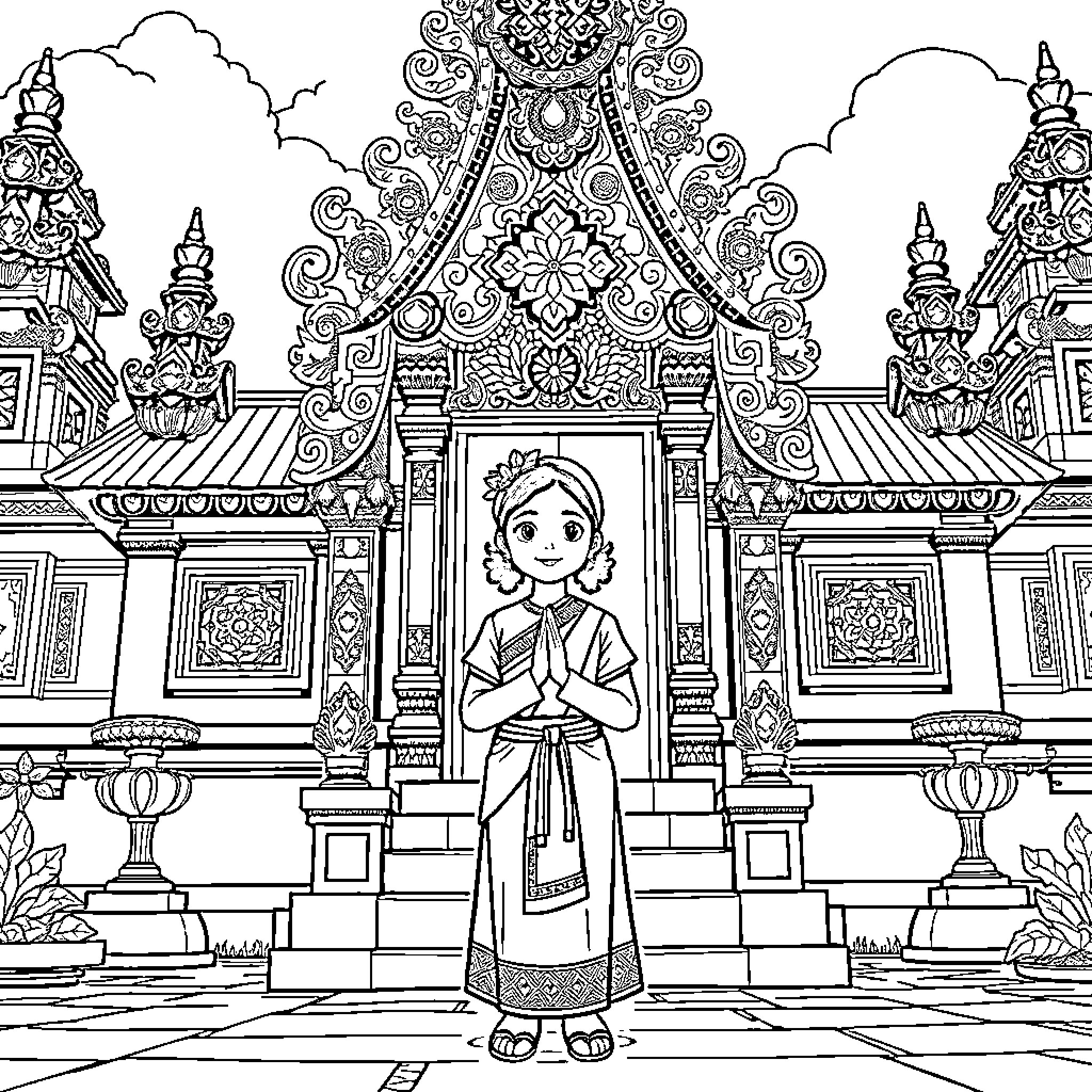Girl praying at ornate temple Coloring Page (free black-and-white line drawing printable PDF for all, from beginners to advanced learners, including children, teens, adults, and seniors)