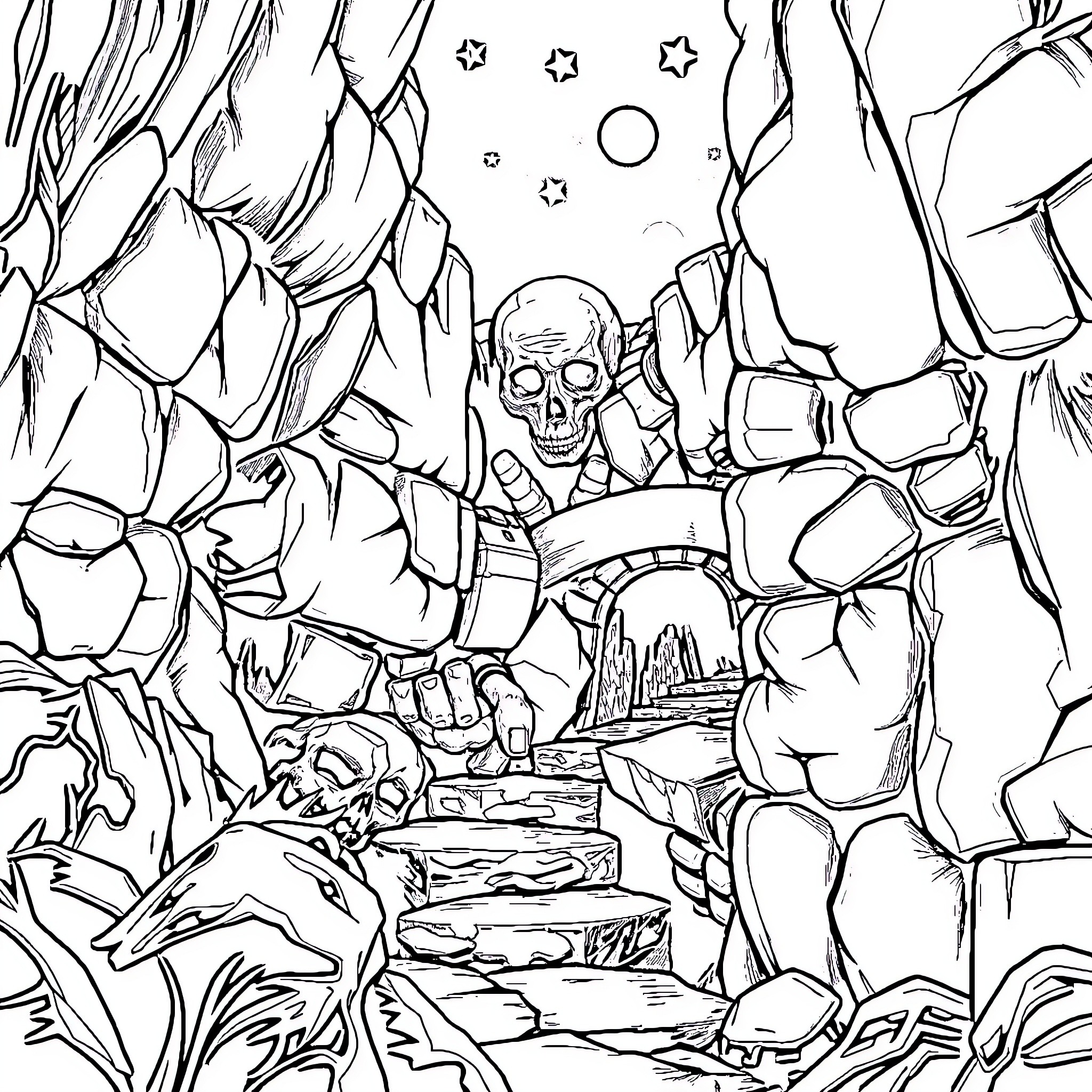 Death's Ominous Descent into the Abyss Coloring Page (free black-and-white line drawing printable PDF for all, from beginners to advanced learners, including children, teens, adults, and seniors)