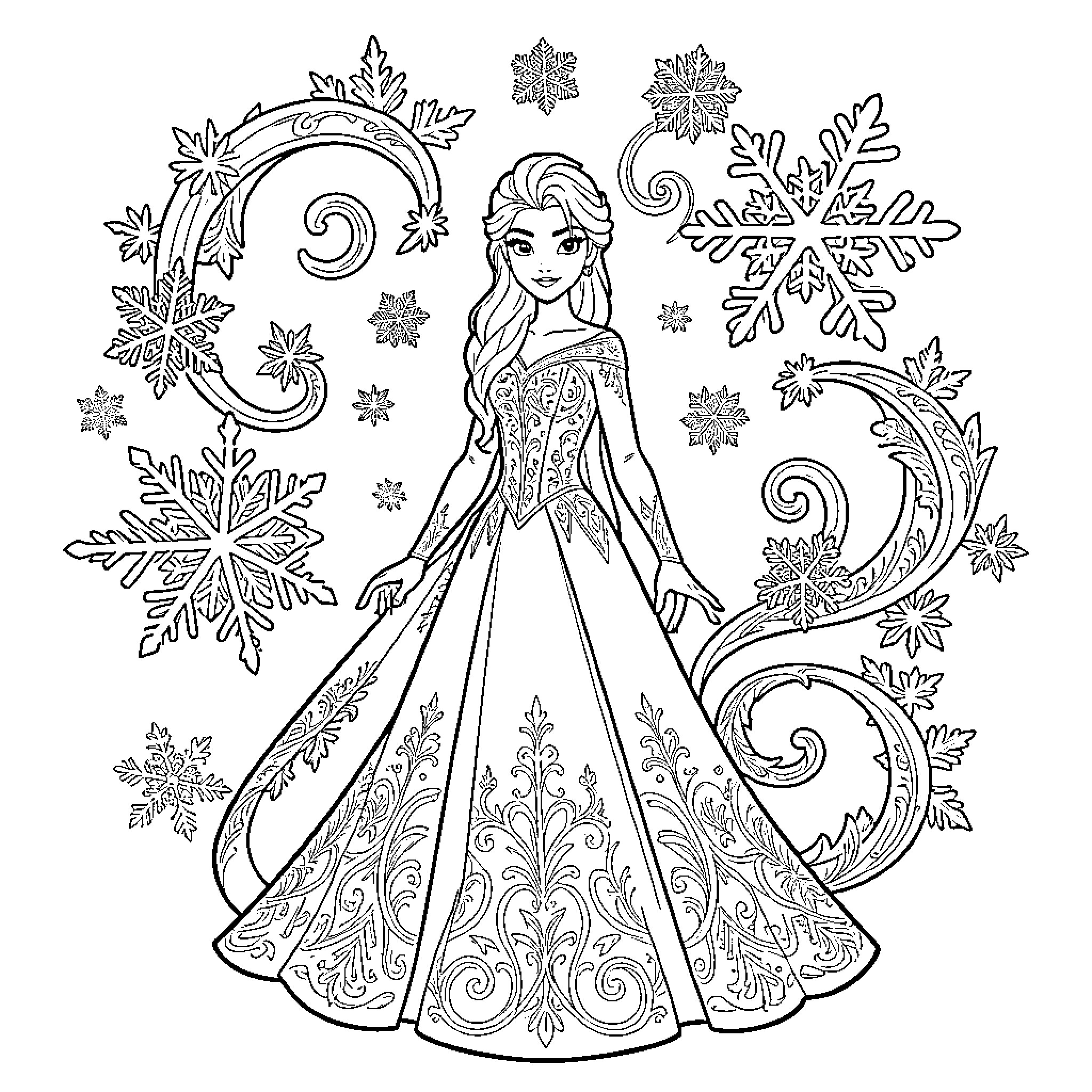 Elsa standing gracefully amidst swirling snowflakes Coloring Page (free black-and-white line drawing printable PDF for all, from beginners to advanced learners, including children, teens, adults, and seniors)
