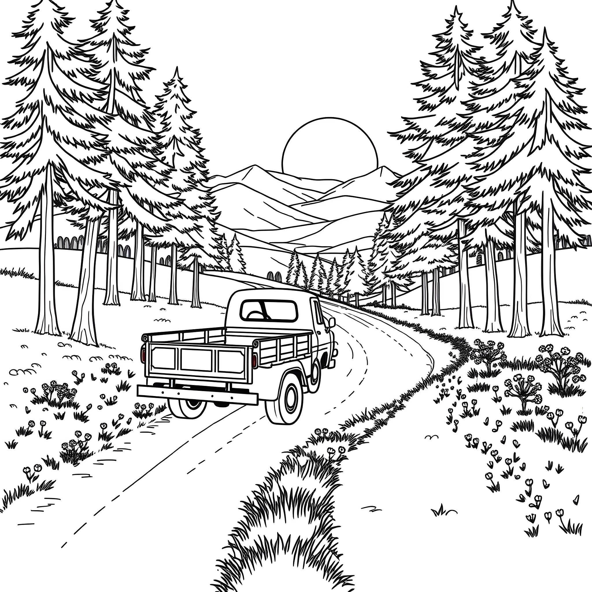 Flatbed pickup truck on a winding mountain road Coloring Page (free black-and-white line drawing printable PDF for all, from beginners to advanced learners, including children, teens, adults, and seniors)
