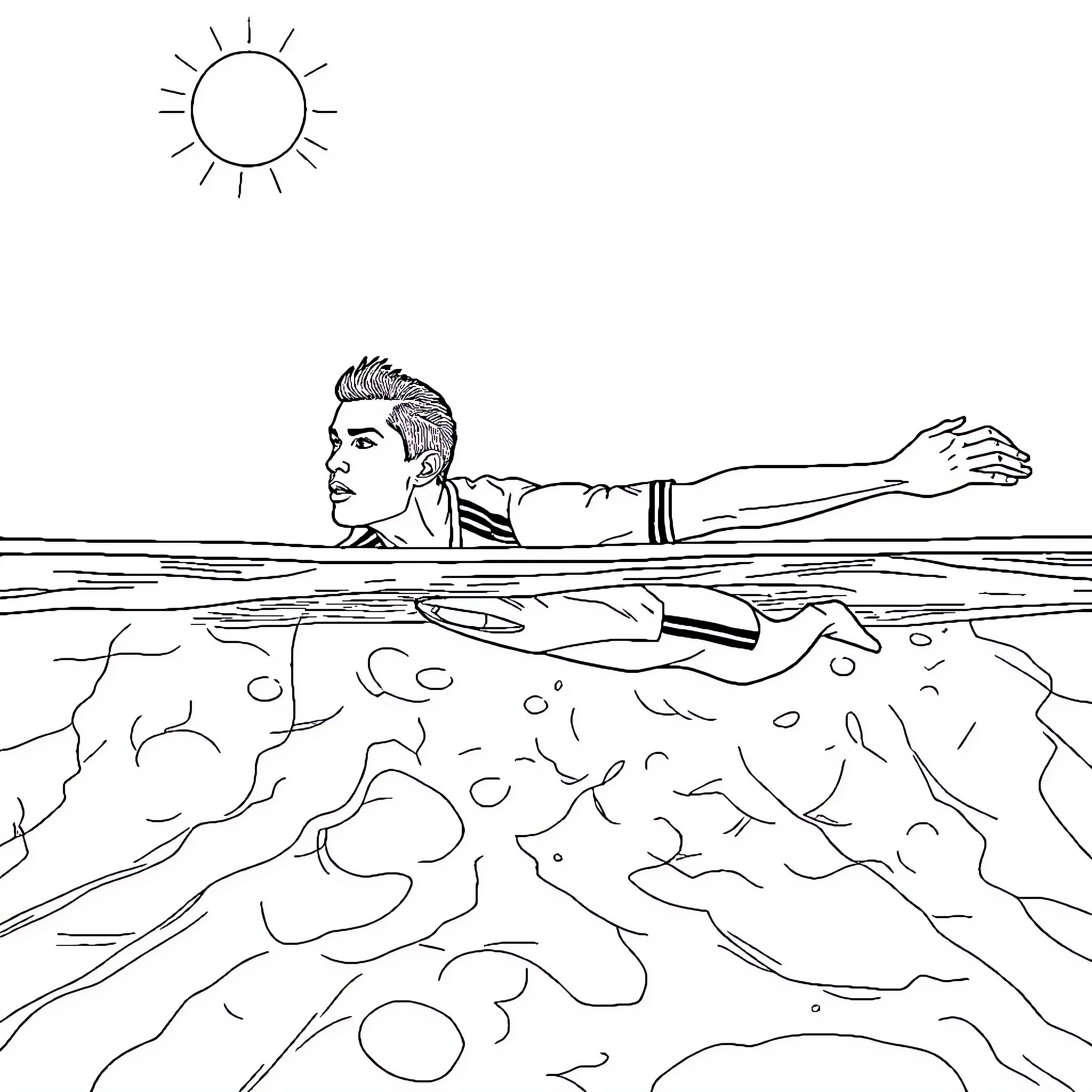 Cr7 swimming in the open waters Coloring Page (free black-and-white line drawing printable PDF for all, from beginners to advanced learners, including children, teens, adults, and seniors)