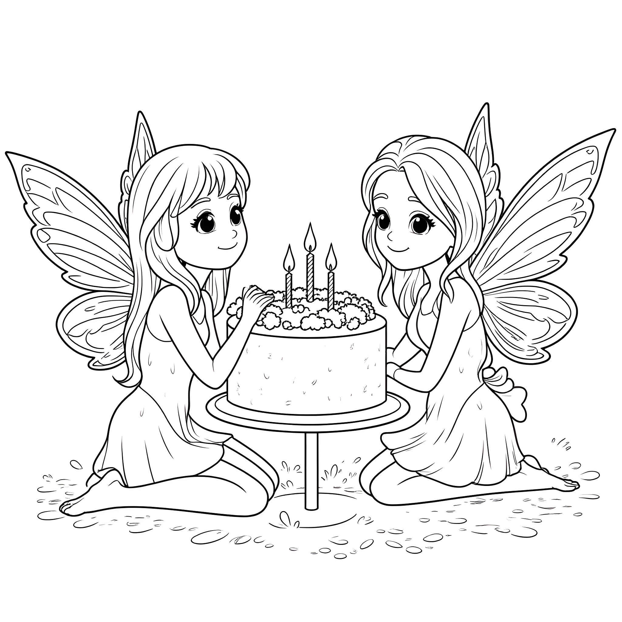 Fairy friends celebrating with a birthday cake Coloring Page (free black-and-white line drawing printable PDF for all, from beginners to advanced learners, including children, teens, adults, and seniors)