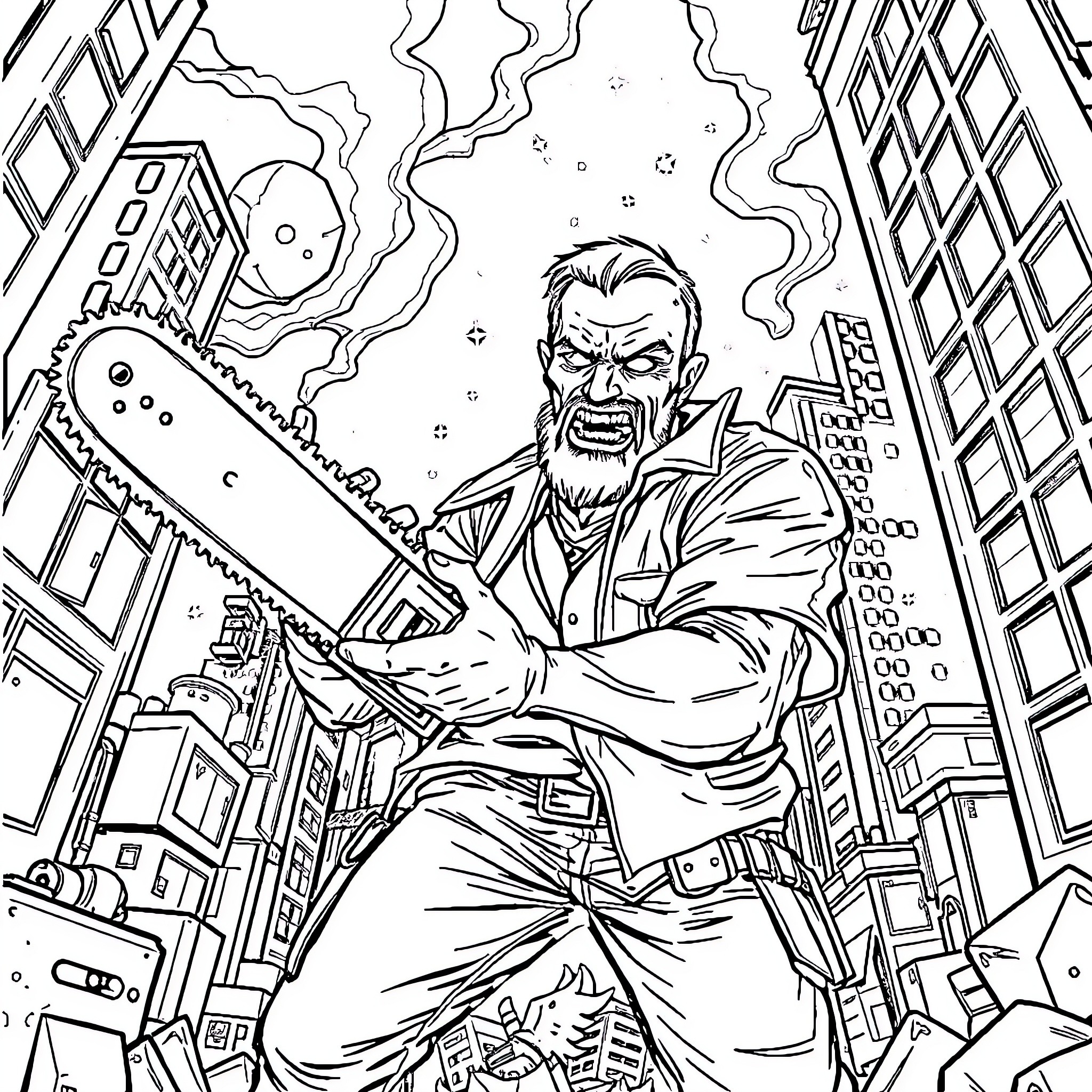 Chainsaw Man unleashing chaos in the city Coloring Page (free black-and-white line drawing printable PDF for all, from beginners to advanced learners, including children, teens, adults, and seniors)