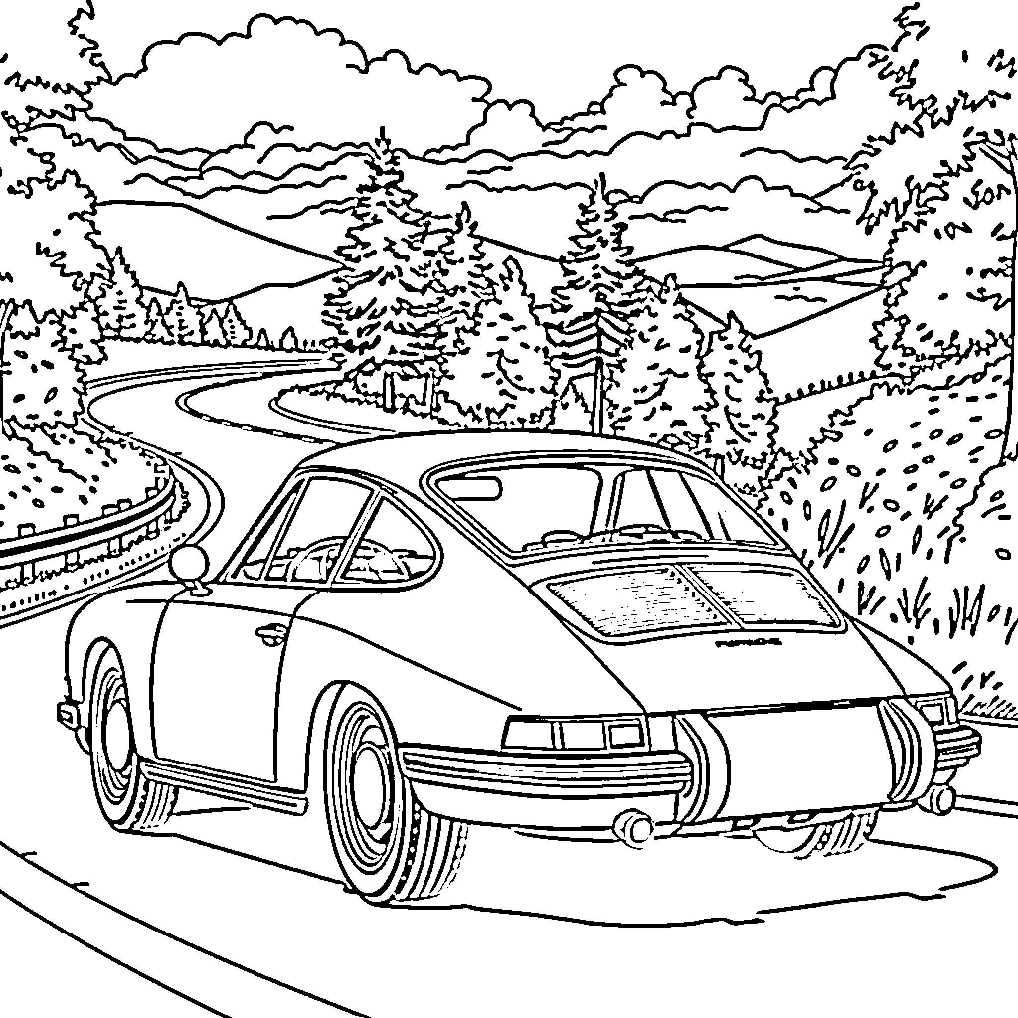 Porsche driving through scenic mountain landscape Coloring Page (free black-and-white line drawing printable PDF for all, from beginners to advanced learners, including children, teens, adults, and seniors)