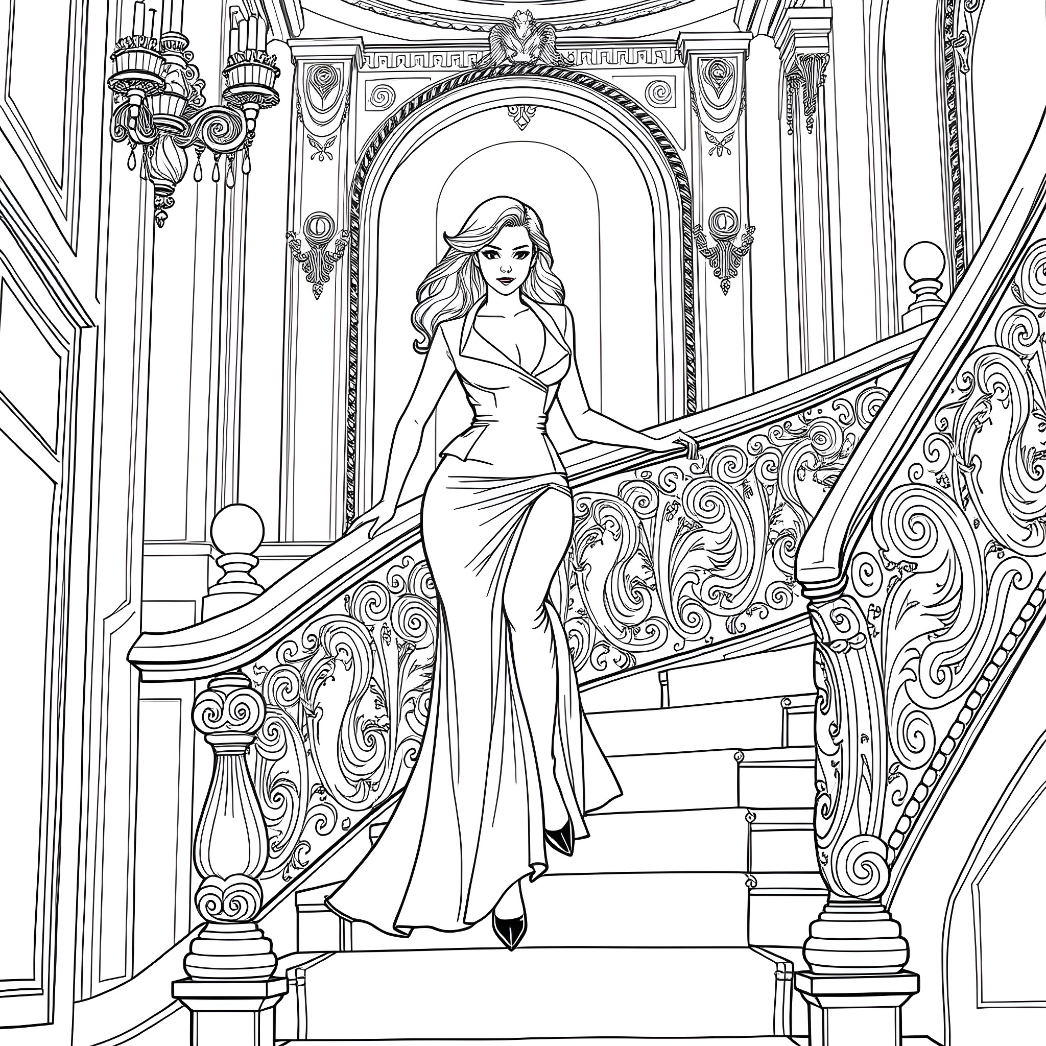 Alexa Bliss in elegant pose on ornate staircase Coloring Page (free black-and-white line drawing printable PDF for all, from beginners to advanced learners, including children, teens, adults, and seniors)