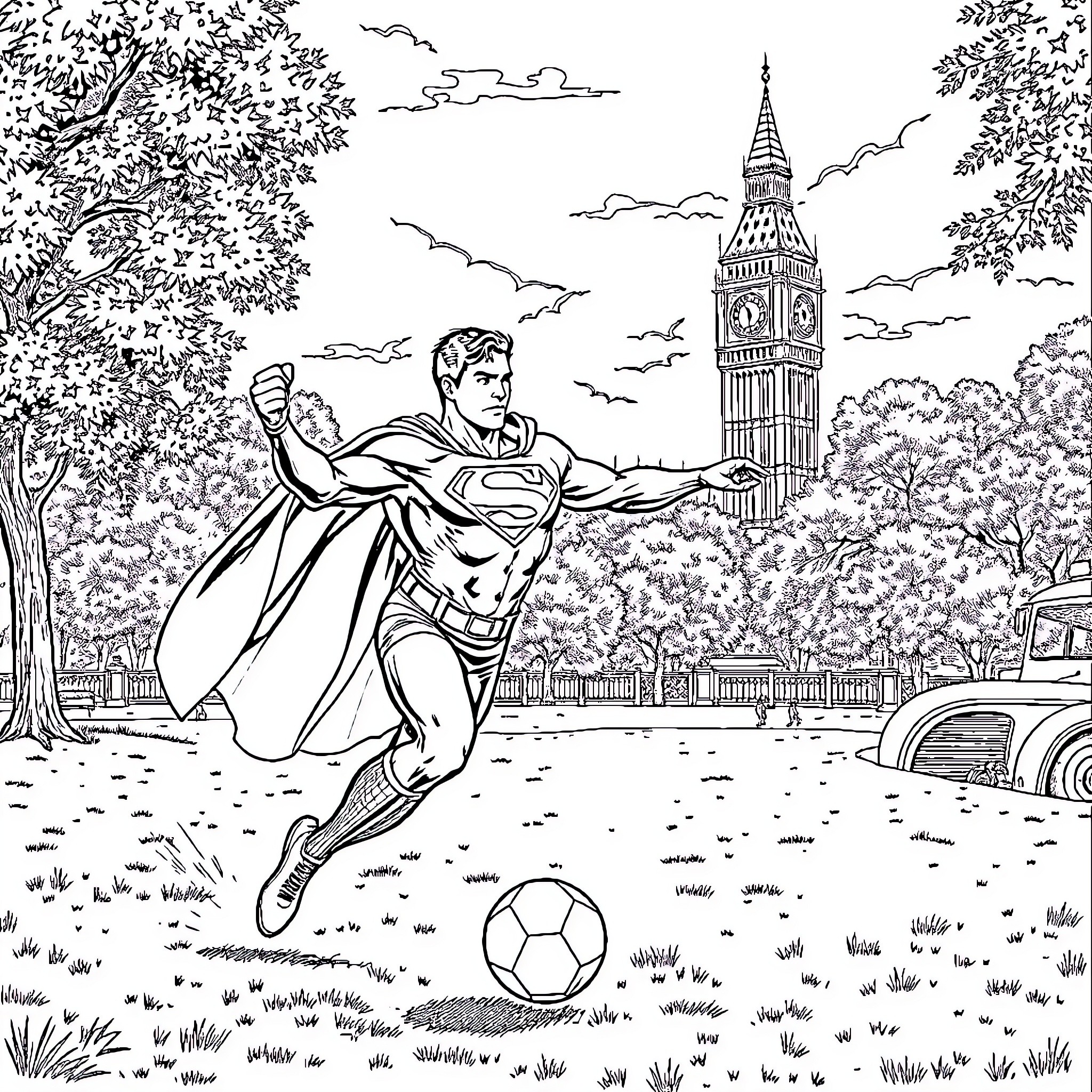 Superman playing football near Big Ben Coloring Page (free black-and-white line drawing printable PDF for all, from beginners to advanced learners, including children, teens, adults, and seniors)