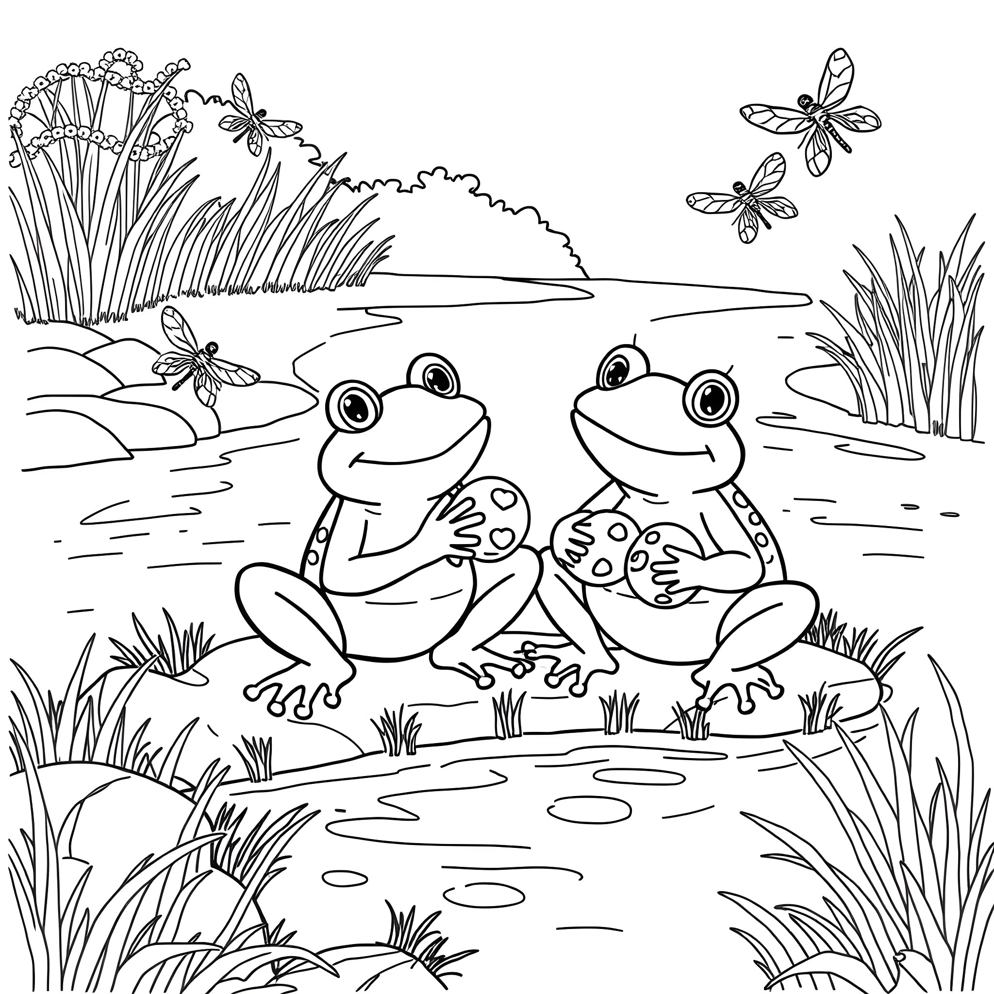 Frog Couple Enjoying Nature's Beauty Coloring Page (free black-and-white line drawing printable PDF for all, from beginners to advanced learners, including children, teens, adults, and seniors)