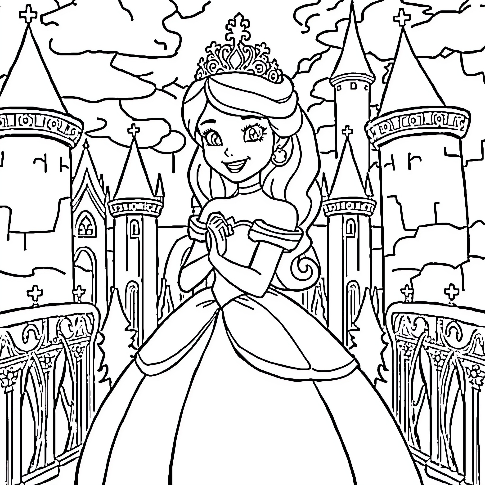Princess Sofia in a magical castle scene Coloring Page (free black-and-white line drawing printable PDF for all, from beginners to advanced learners, including children, teens, adults, and seniors)