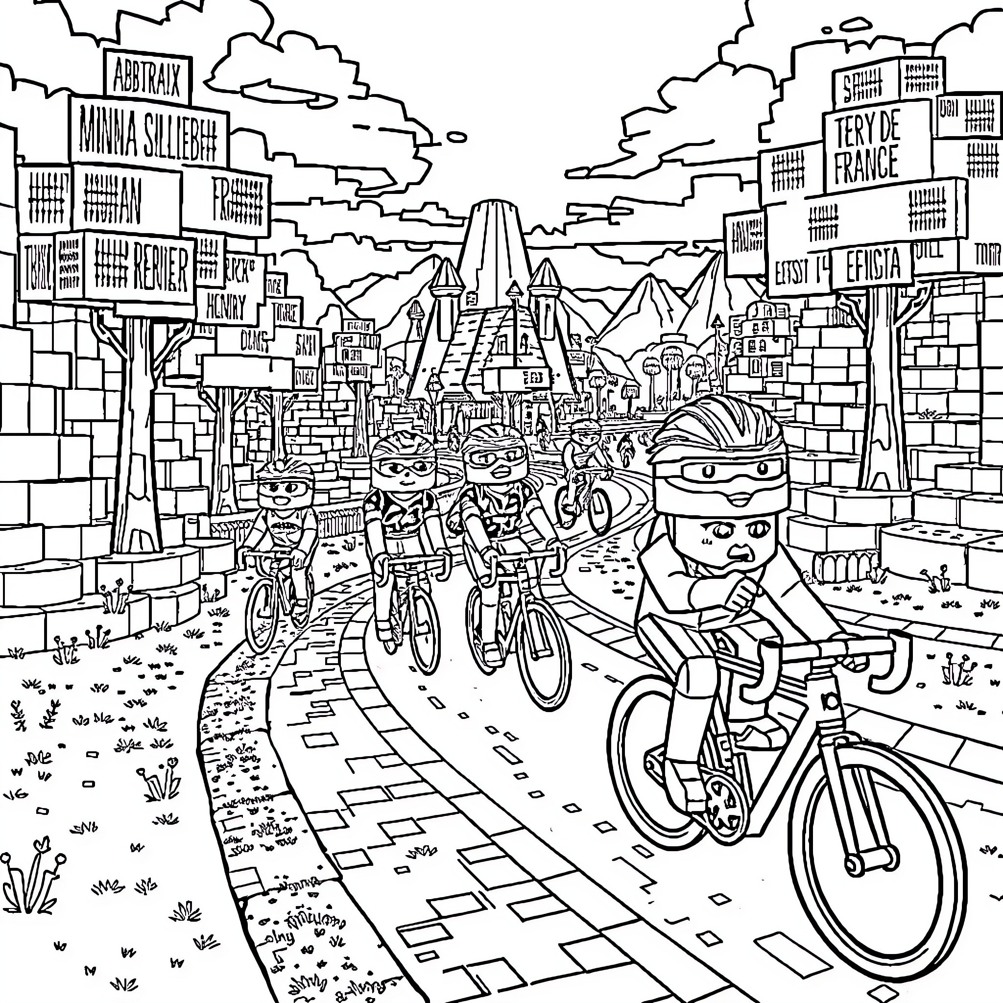 Minecraft Characters Cycling Through Cityscape Coloring Page (free black-and-white line drawing printable PDF for all, from beginners to advanced learners, including children, teens, adults, and seniors)