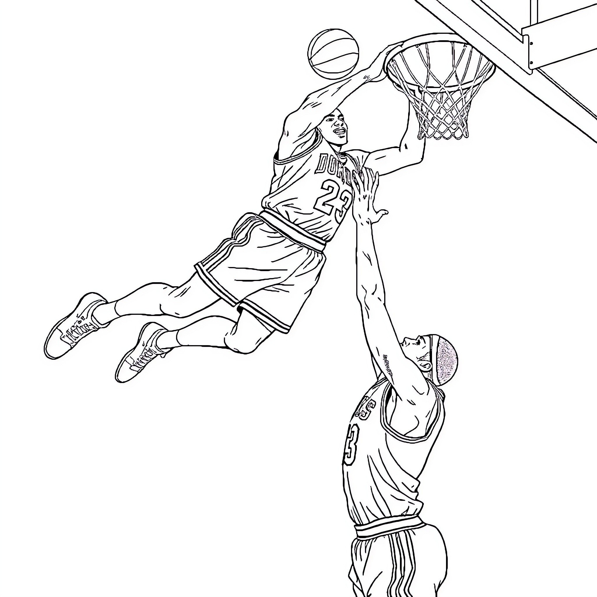 Michael Jordan Dunking Basketball in Game Coloring Page (free black-and-white line drawing printable PDF for all, from beginners to advanced learners, including children, teens, adults, and seniors)