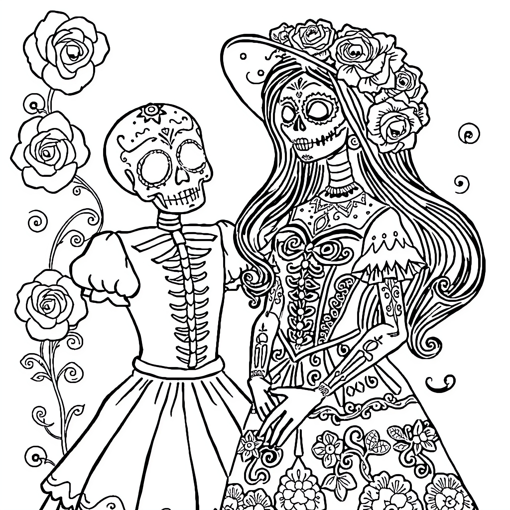 Catrina's Ornate Day of the Dead Celebration Coloring Page (free black-and-white line drawing printable PDF for all, from beginners to advanced learners, including children, teens, adults, and seniors)