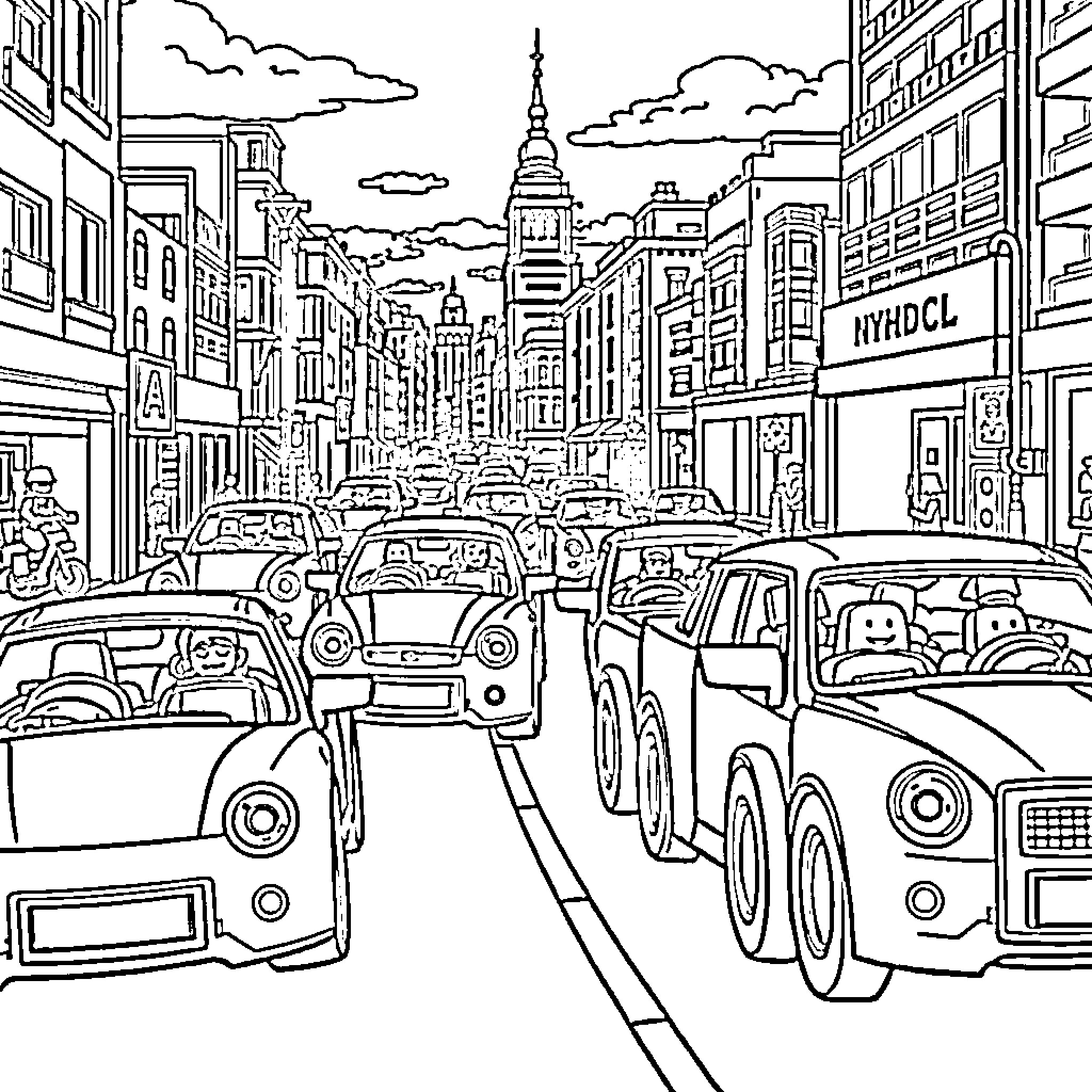 Lego Car Chaos in the City Street Coloring Page (free black-and-white line drawing printable PDF for all, from beginners to advanced learners, including children, teens, adults, and seniors)