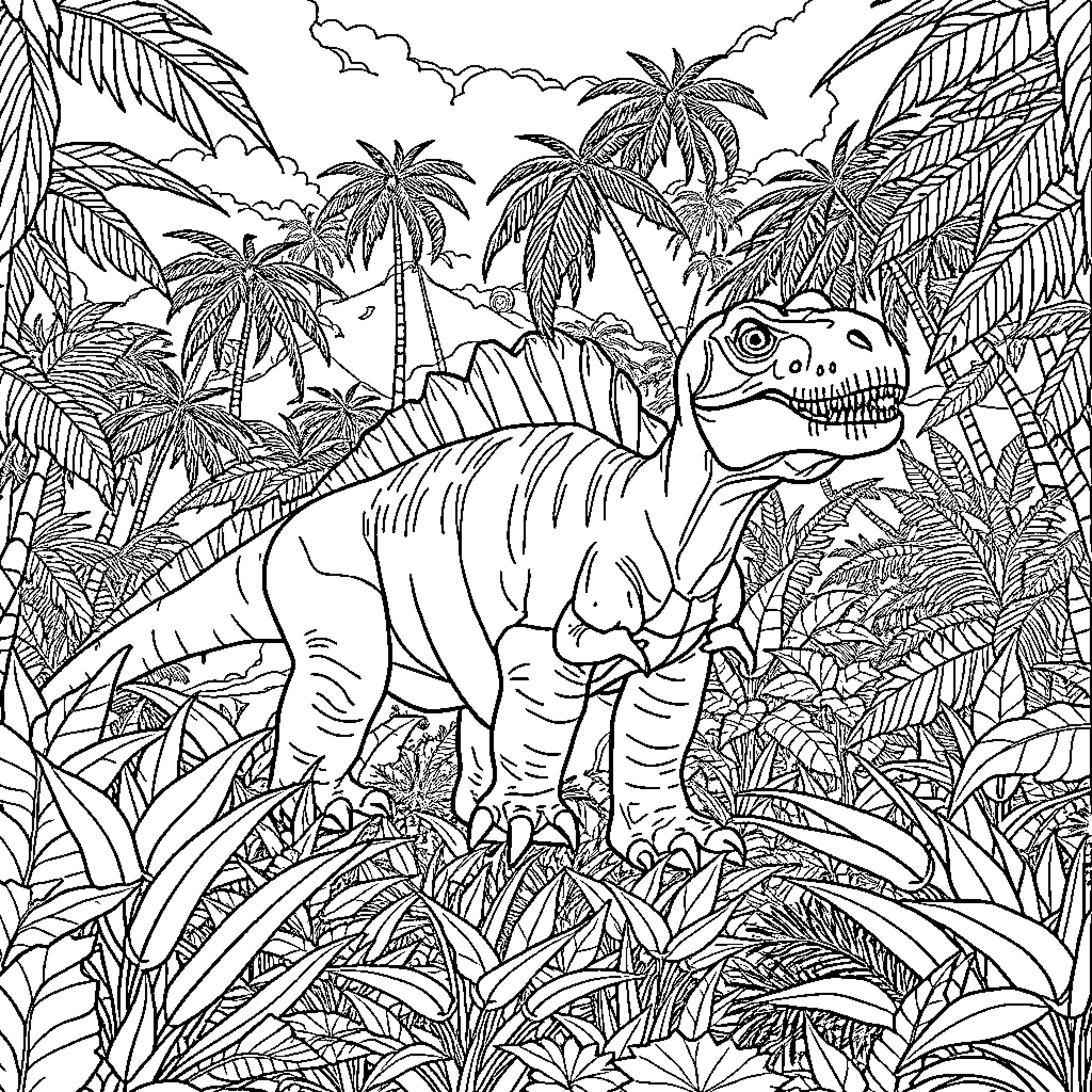 Dinosaur exploring tropical jungle landscape Coloring Page (free black-and-white line drawing printable PDF for all, from beginners to advanced learners, including children, teens, adults, and seniors)
