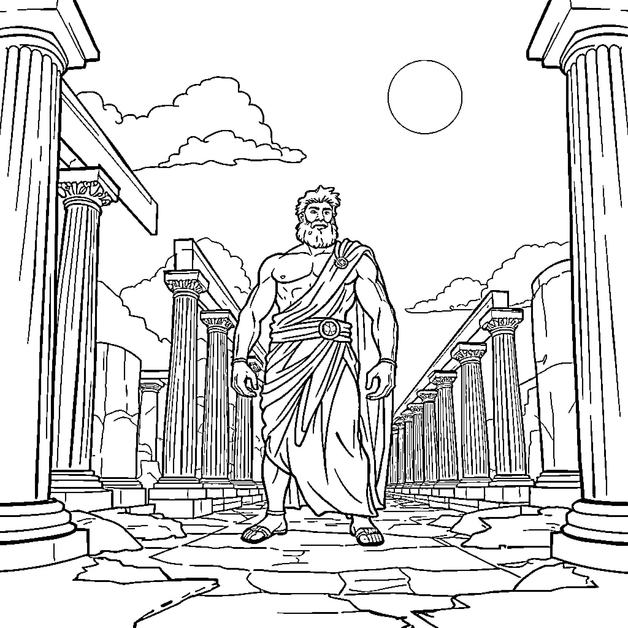 Hercules, the Mighty Demigod, Stands Tall Amid Ancient Ruins Coloring Page (free black-and-white line drawing printable PDF for all, from beginners to advanced learners, including children, teens, adults, and seniors)