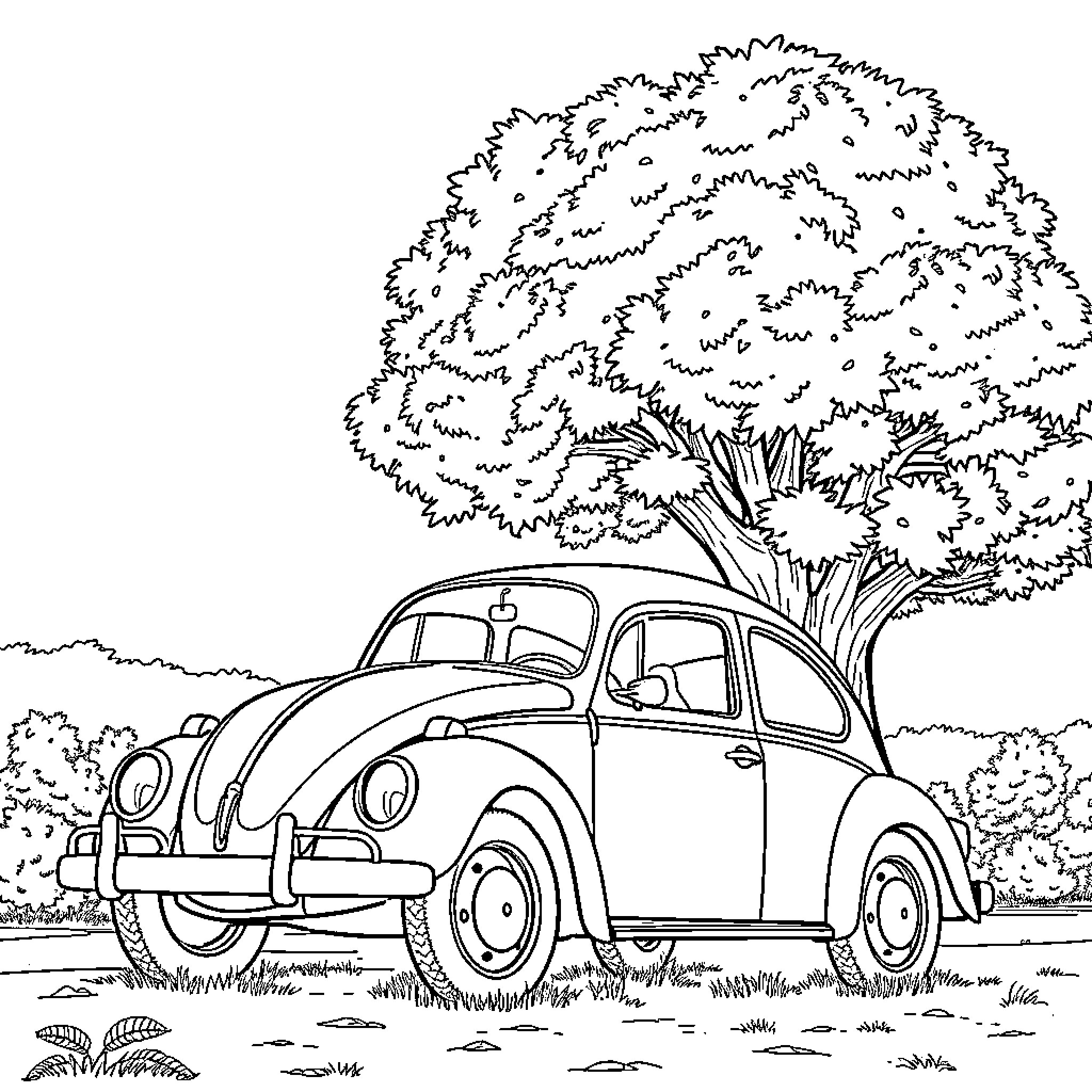 Beetle parked under a tree Coloring Page (free black-and-white line drawing printable PDF for all, from beginners to advanced learners, including children, teens, adults, and seniors)