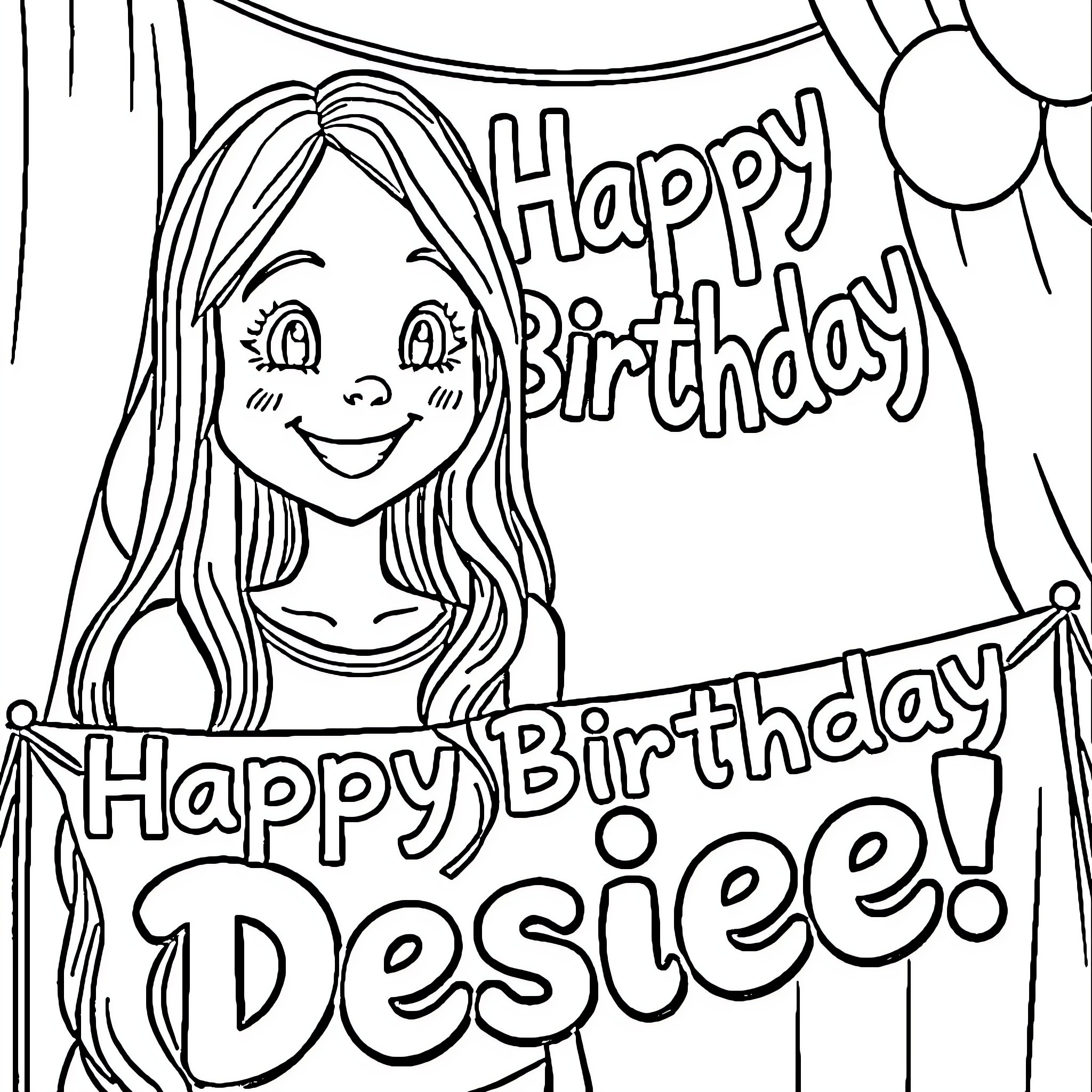 Girl holding Happy Birthday sign for Desiree Coloring Page (free black-and-white line drawing printable PDF for all, from beginners to advanced learners, including children, teens, adults, and seniors)
