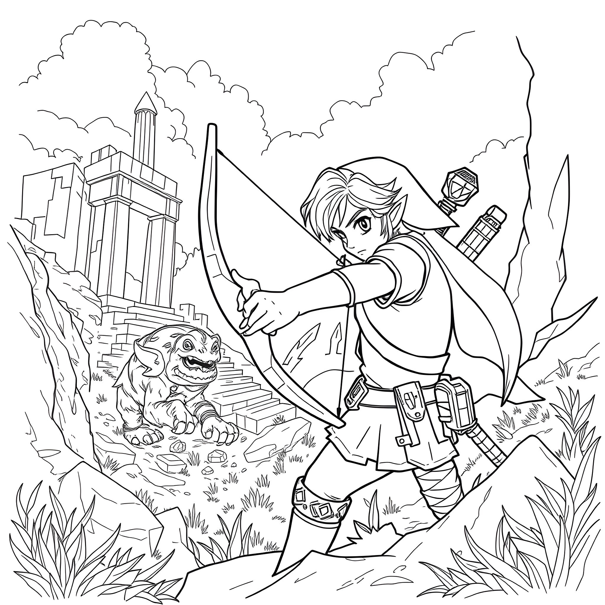 Link Exploring the Ruins with Companions Coloring Page (free black-and-white line drawing printable PDF for all, from beginners to advanced learners, including children, teens, adults, and seniors)