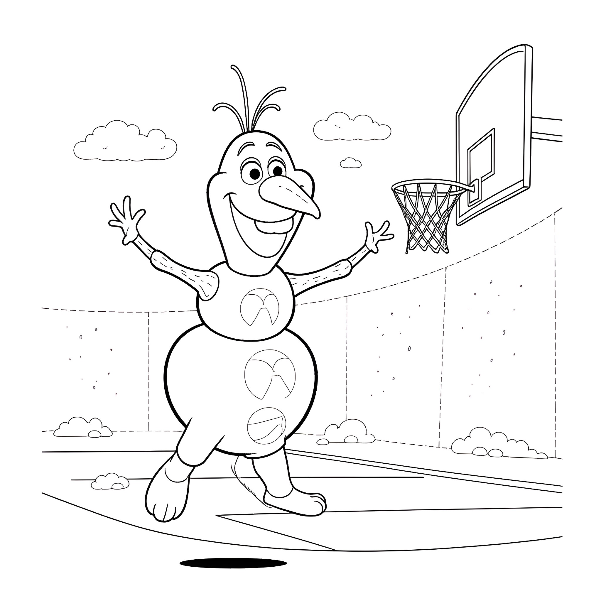 Olaf happily playing basketball on the court Coloring Page (free black-and-white line drawing printable PDF for all, from beginners to advanced learners, including children, teens, adults, and seniors)