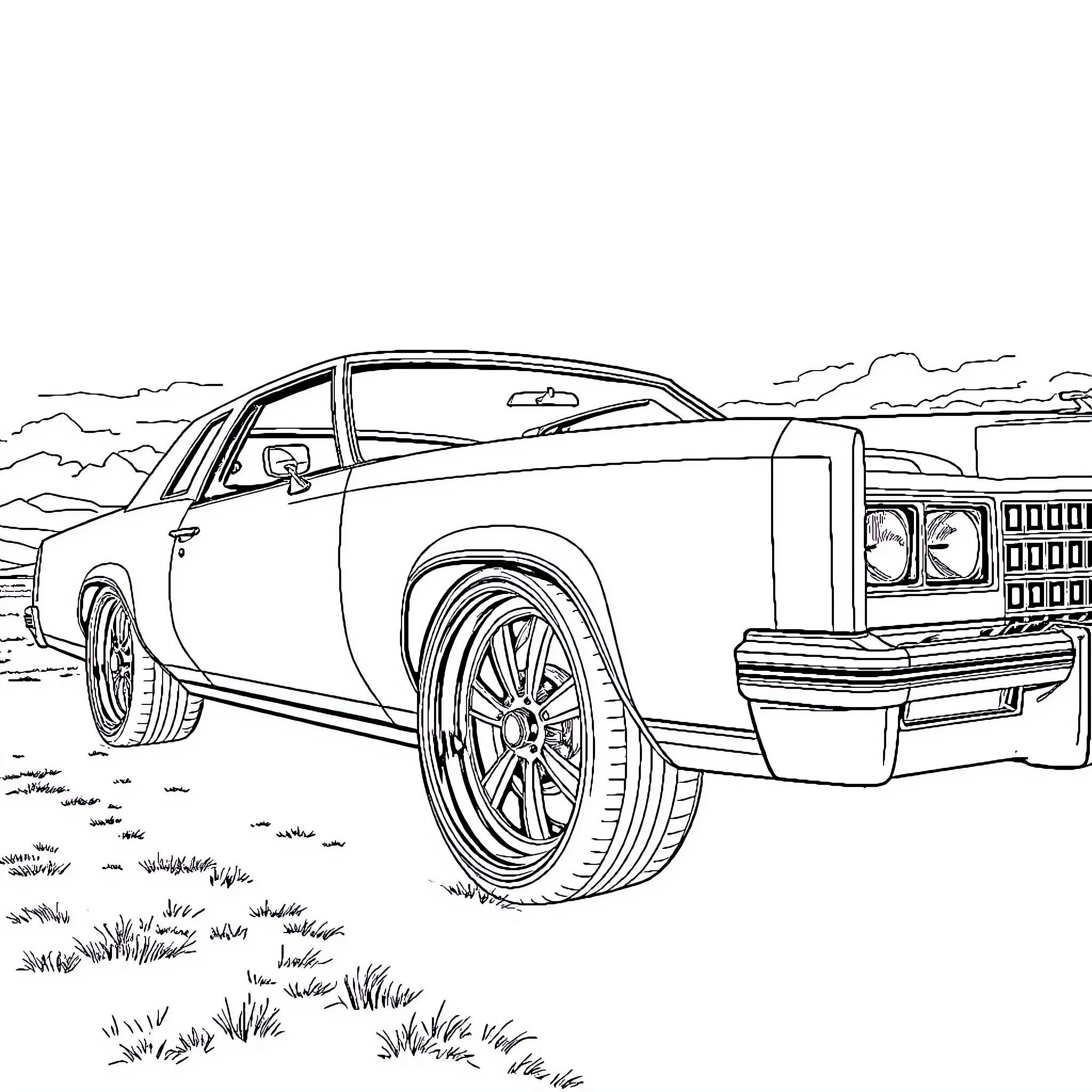 Chevy Monte Carlo on a rural road Coloring Page (free black-and-white line drawing printable PDF for all, from beginners to advanced learners, including children, teens, adults, and seniors)