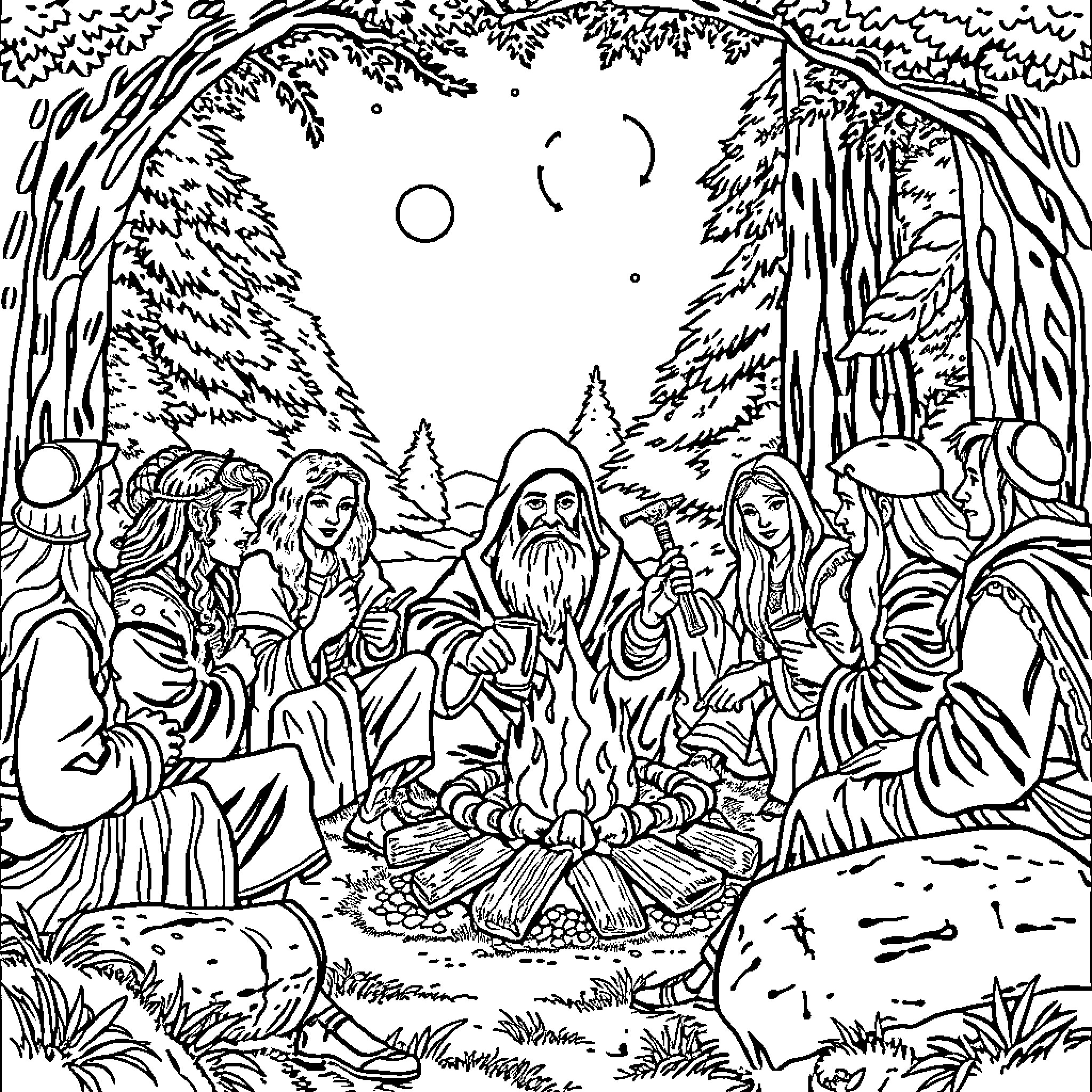 Fellowship gathering around a campfire in the forest Coloring Page (free black-and-white line drawing printable PDF for all, from beginners to advanced learners, including children, teens, adults, and seniors)