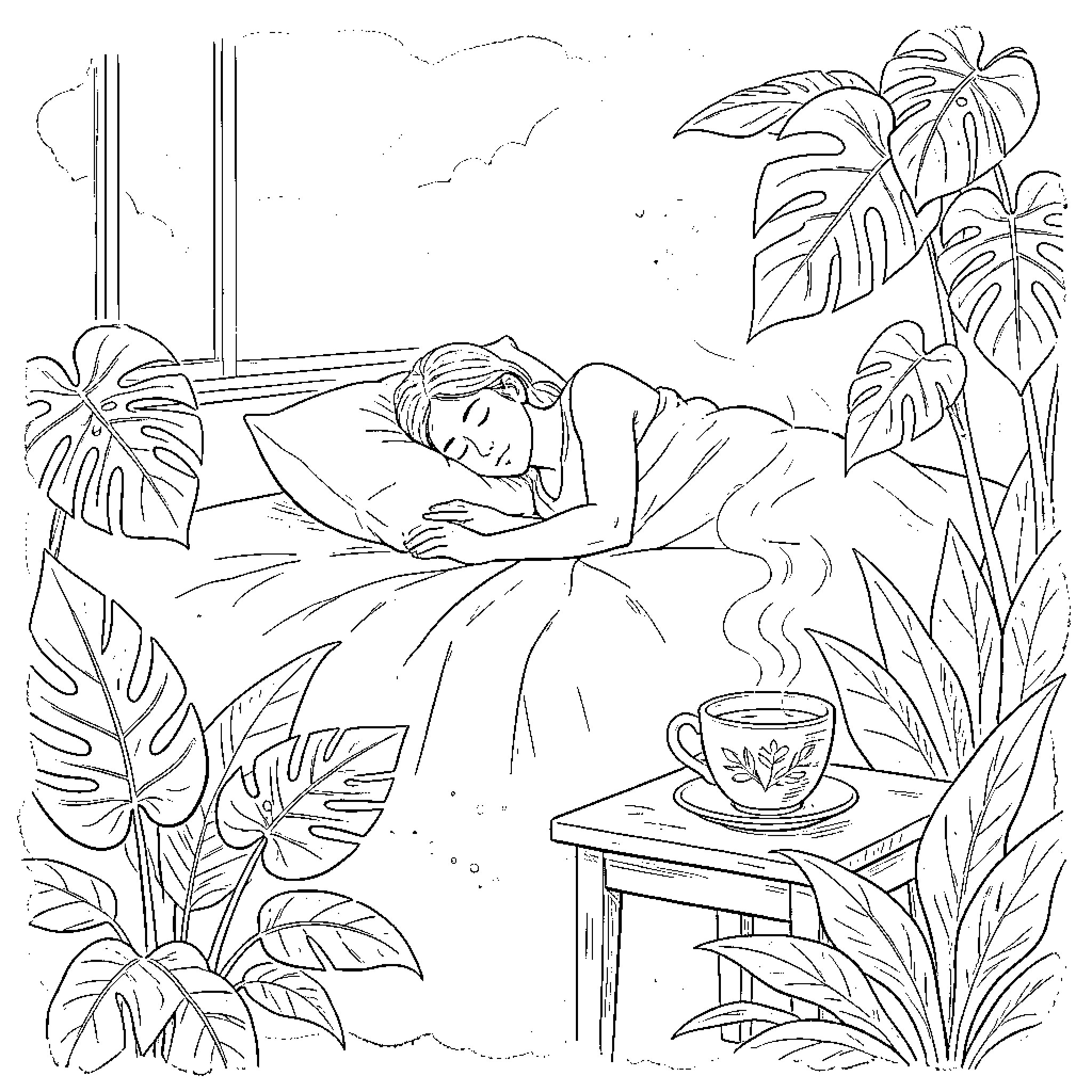 Mural of a person resting peacefully in lush greenery Coloring Page (free black-and-white line drawing printable PDF for all, from beginners to advanced learners, including children, teens, adults, and seniors)