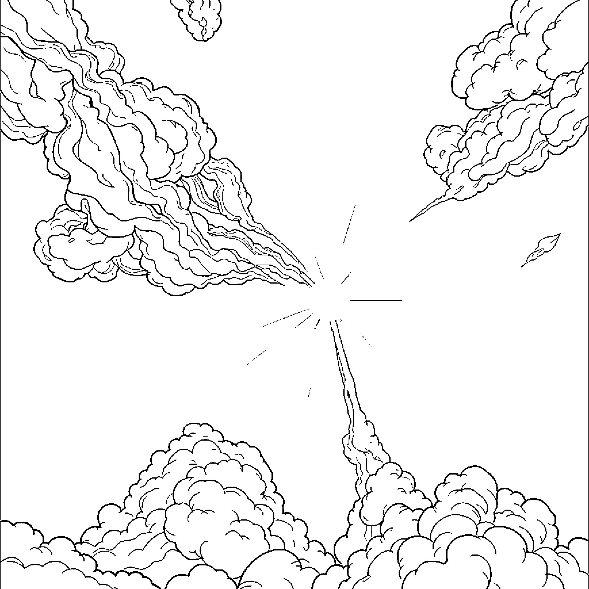 Cloud Explosion in the Sky Coloring Page (free black-and-white line drawing printable PDF for all, from beginners to advanced learners, including children, teens, adults, and seniors)
