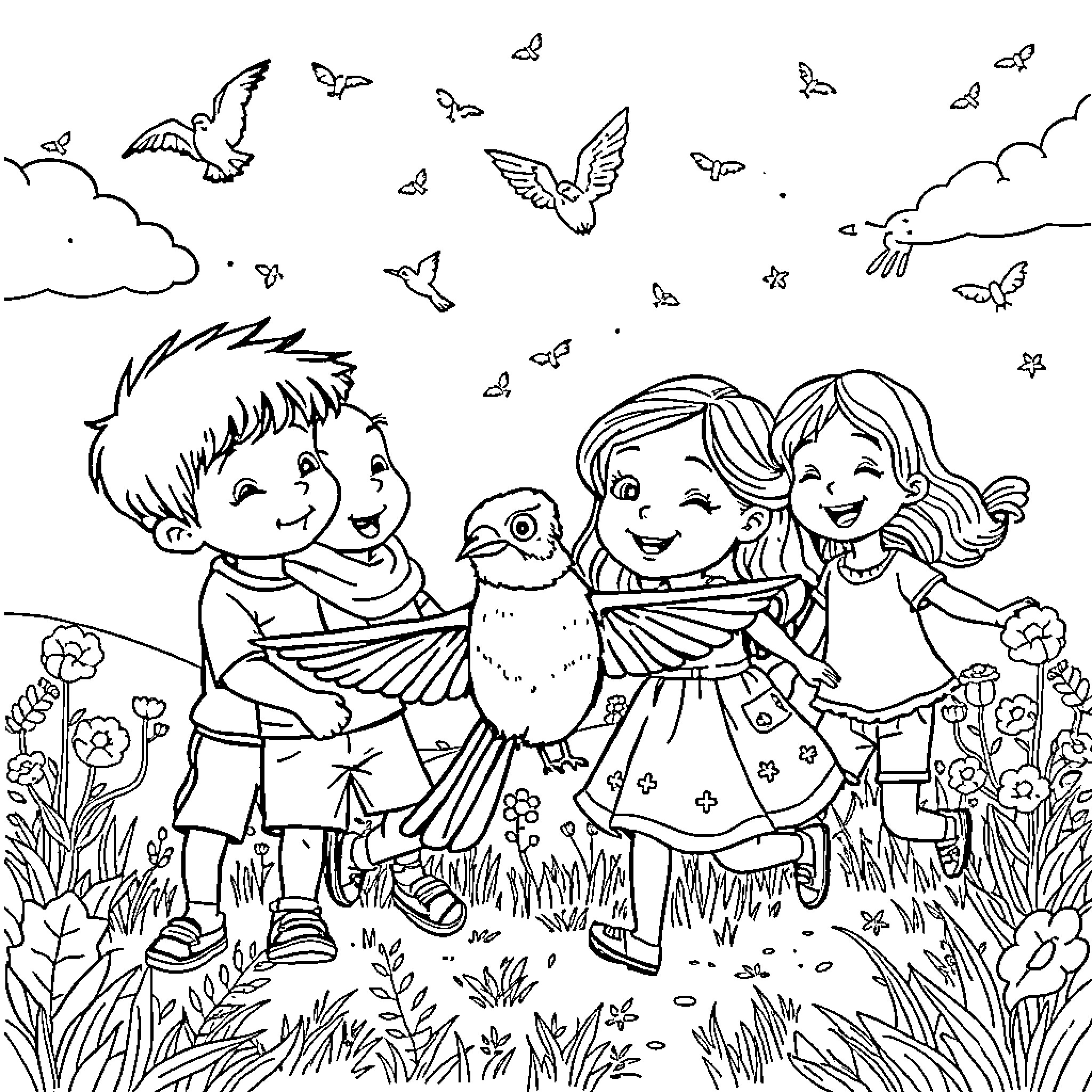 Children playing joyfully with bird in nature Coloring Page (free black-and-white line drawing printable PDF for all, from beginners to advanced learners, including children, teens, adults, and seniors)