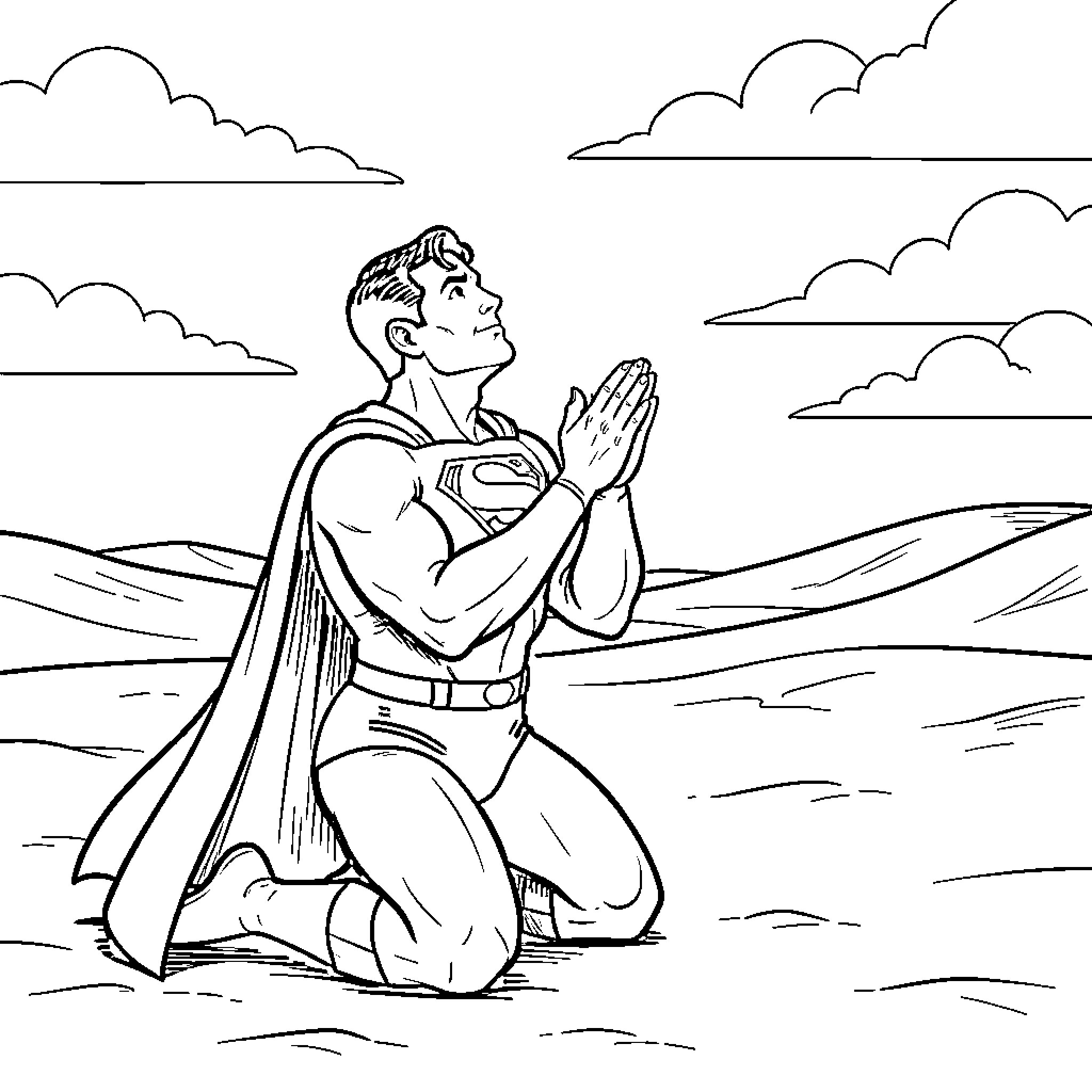 Superman kneeling and praying towards the sky Coloring Page (free black-and-white line drawing printable PDF for all, from beginners to advanced learners, including children, teens, adults, and seniors)