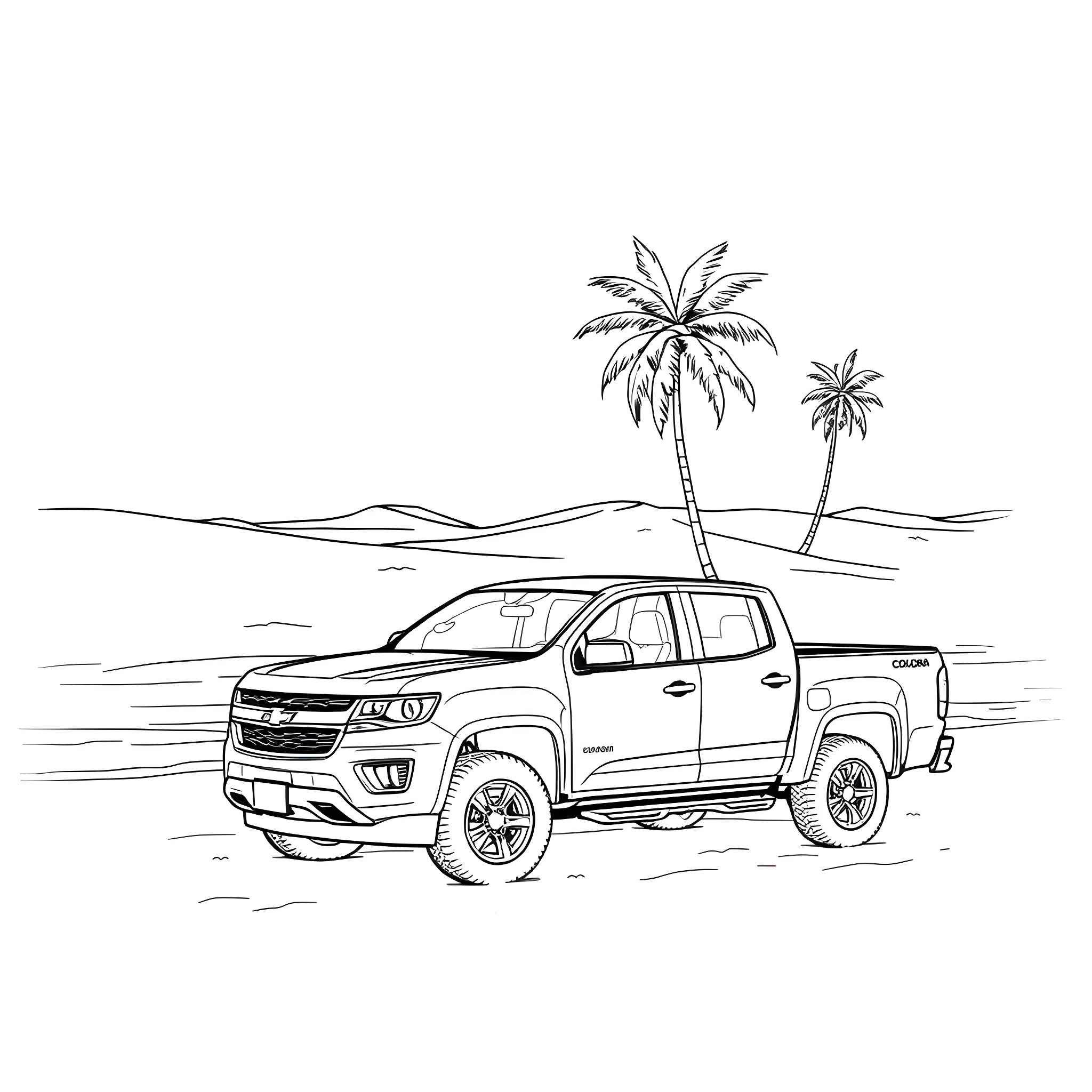 Chevy Colorado parked on tropical beach Coloring Page (free black-and-white line drawing printable PDF for all, from beginners to advanced learners, including children, teens, adults, and seniors)